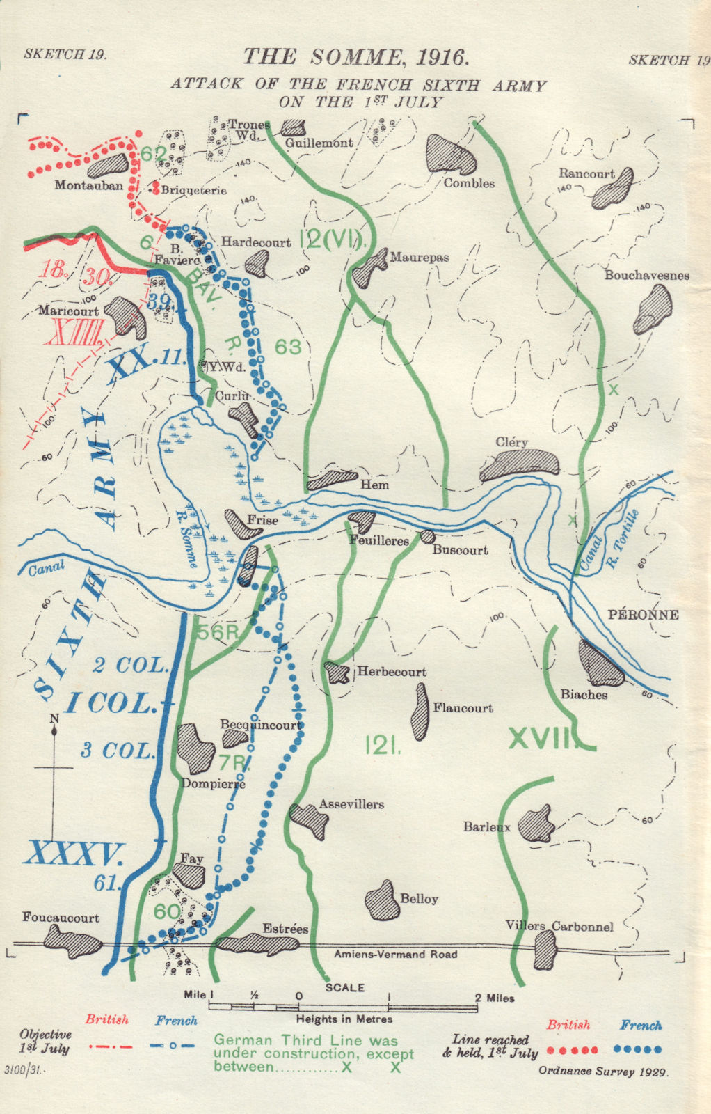 Somme, 1916. Attack of French Sixth Army on 1st July. First World War. 1932 map