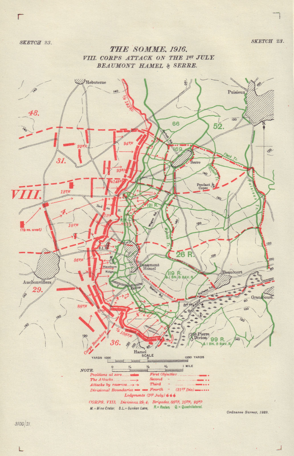 Somme. VIII Corps attack 1st July 1916. Beaumont Hamel Serre. Trenches 1932 map