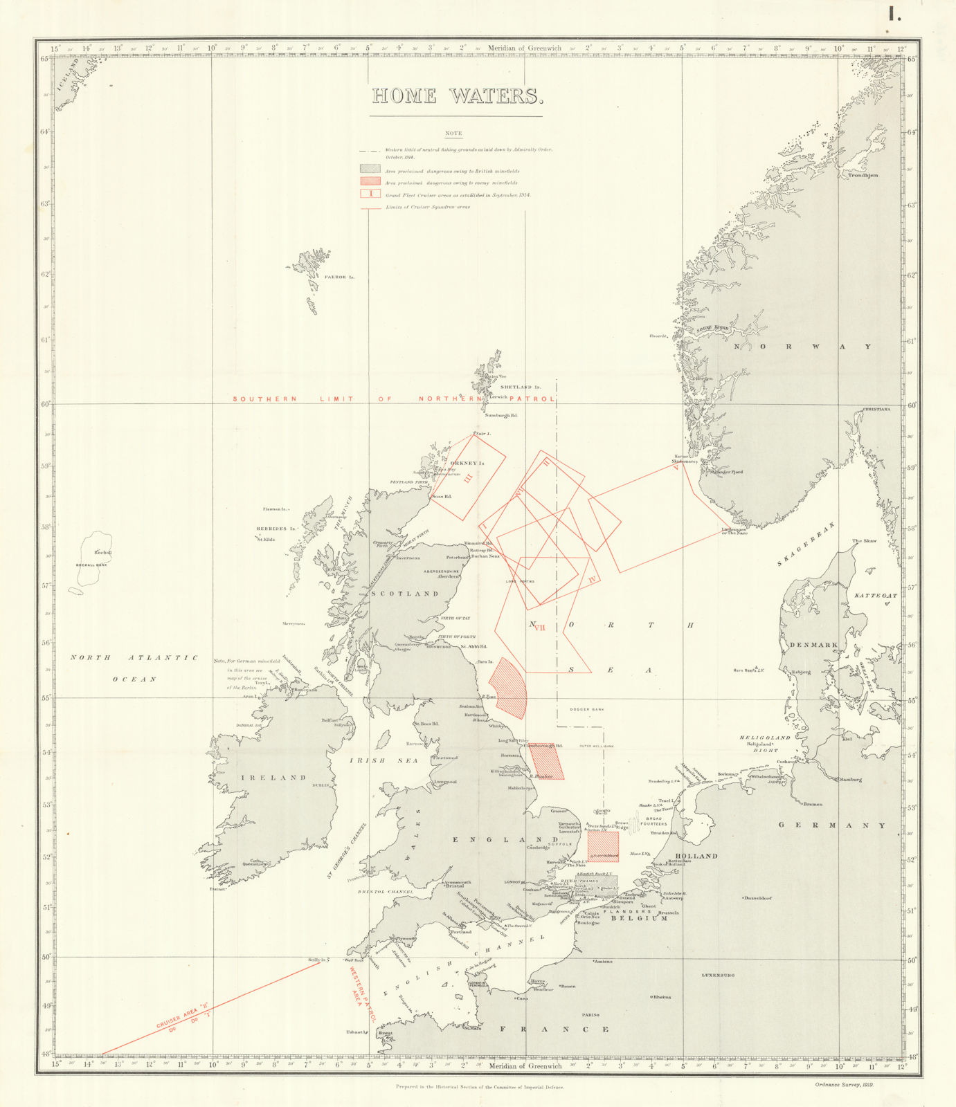 Home Waters. Blockade of Germany. Minefields. 1914. First World War. 1920 map