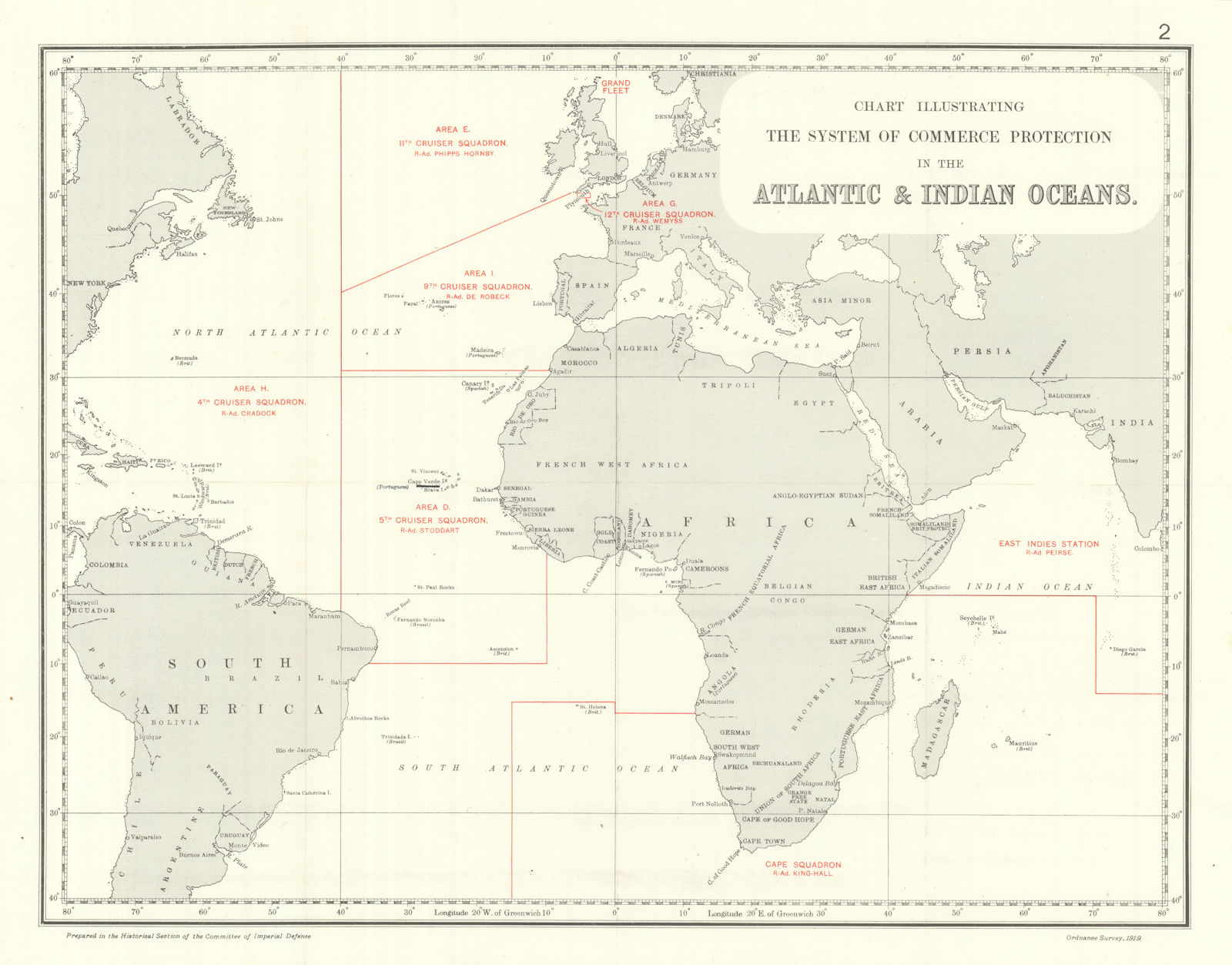 Commerce Protection in Atlantic & Indian Oceans 1914. First World War. 1920 map