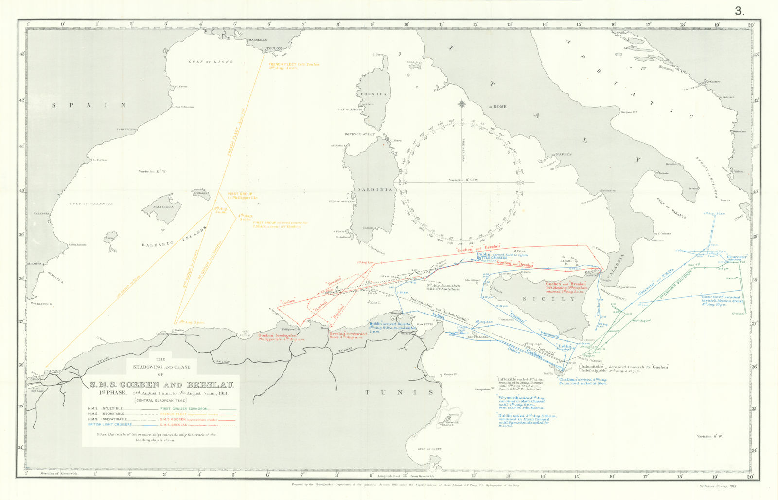 Associate Product Pursuit of SMS Goeben & Breslau. 3-5th August 1914. First World War. 1920 map