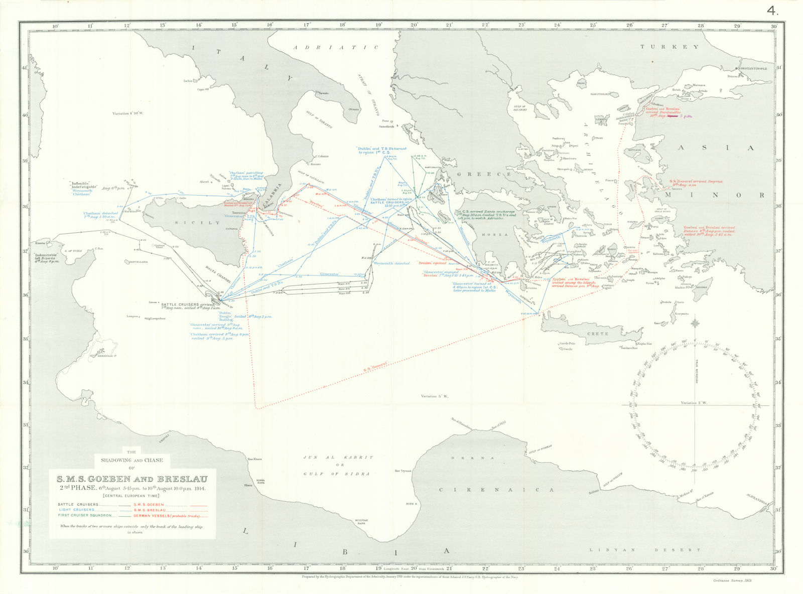 Pursuit of SMS Goeben & Breslau. 6-10th August 1914. First World War. 1920 map