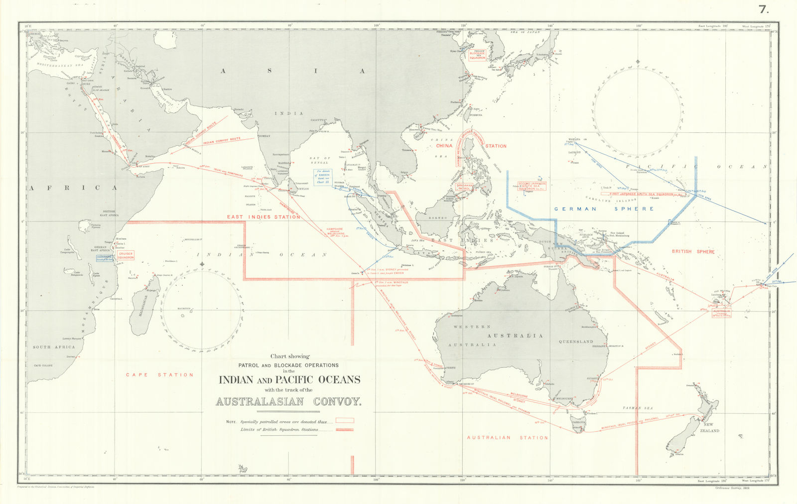 Indian & Pacific Oceans. Australasian Convoy 1914. First World War. 1920 map