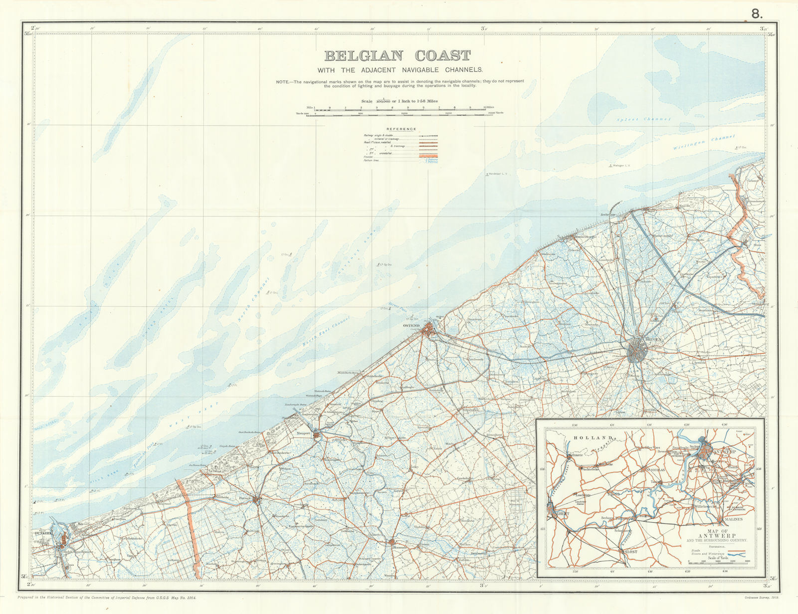 Belgian Coast with Adjacent Navigable Channels 1914. First World War. 1920 map