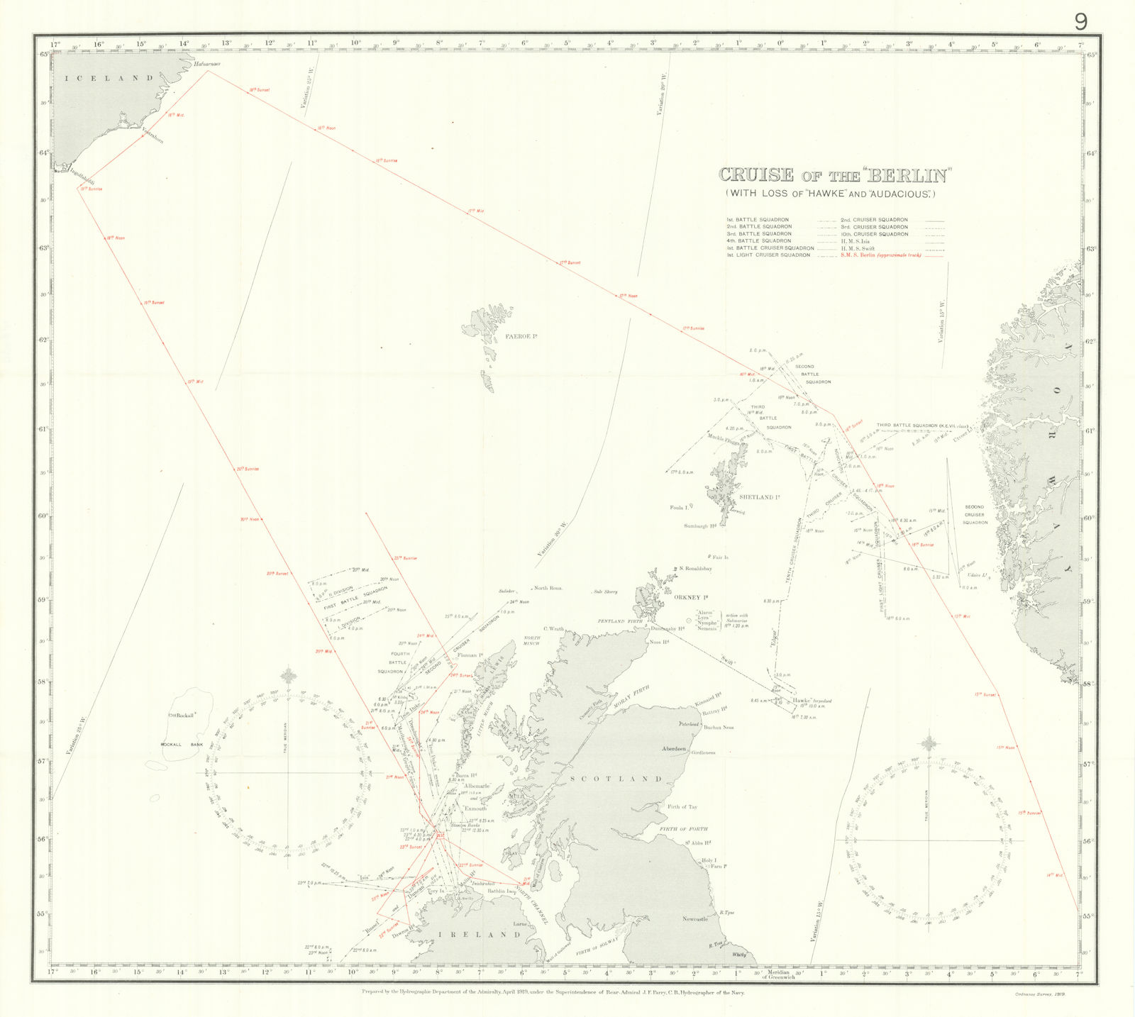 SMS Berlin route. Loss of HMS Hawke & Audacious 1914. First World War. 1920 map