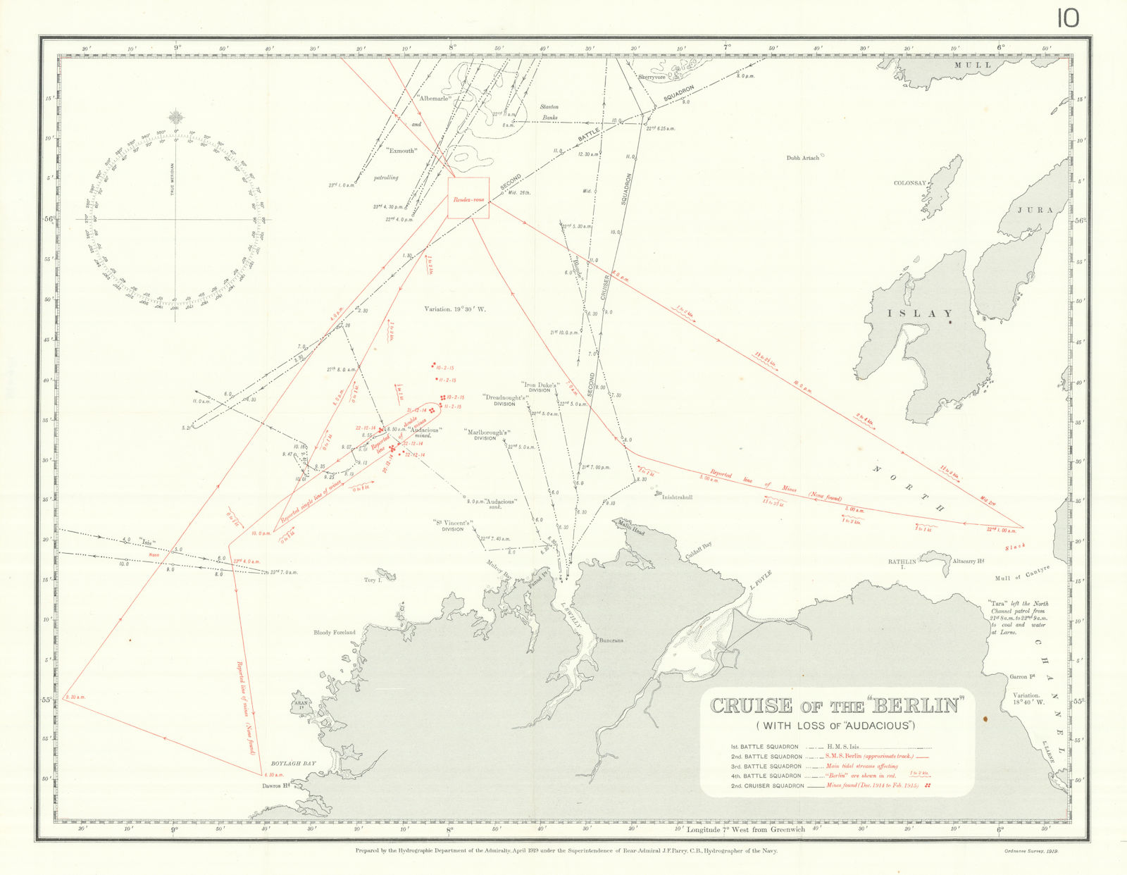 SMS Berlin route. Loss of HMS Audacious 1914. First World War. Ireland 1920 map