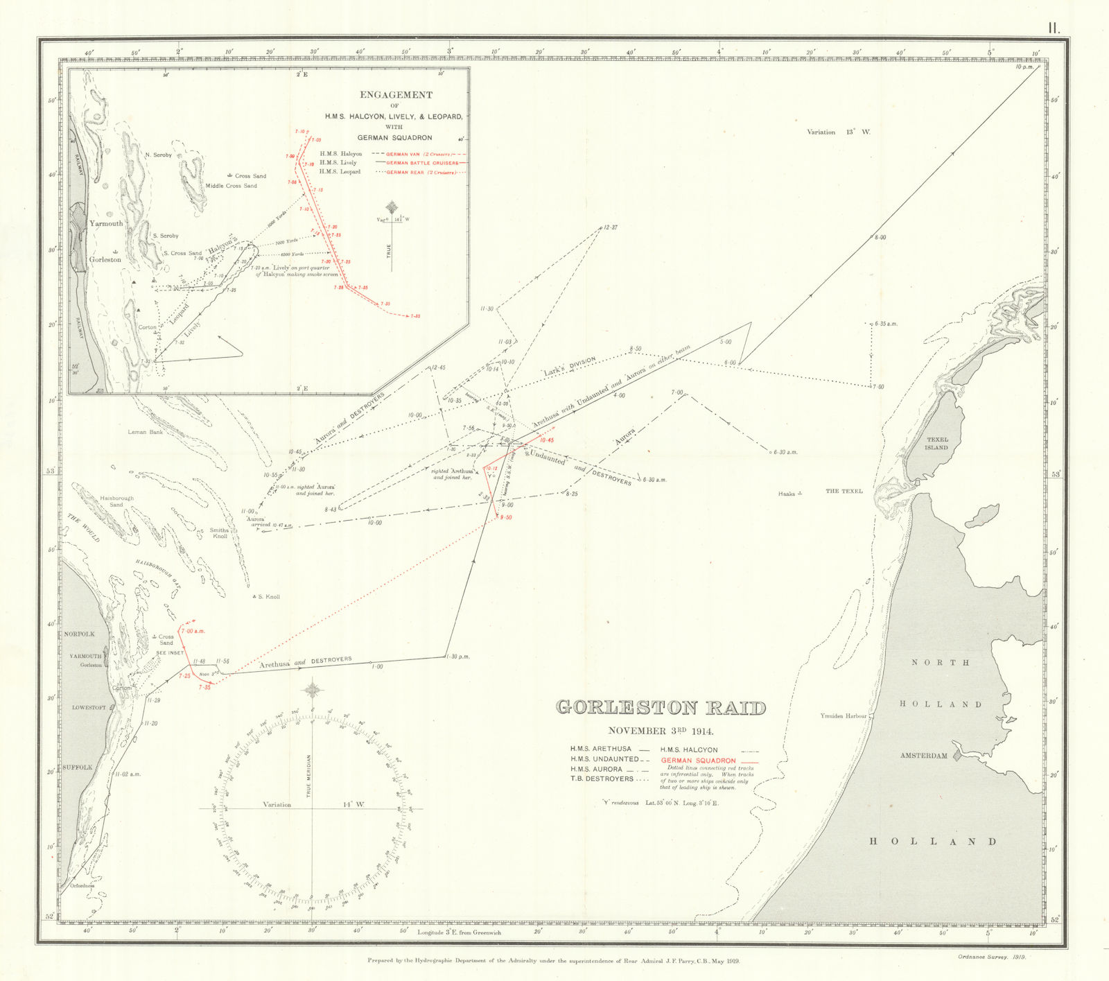 Gorleston Raid, November 3rd 1914. Yarmouth. First World War. 1920 old map