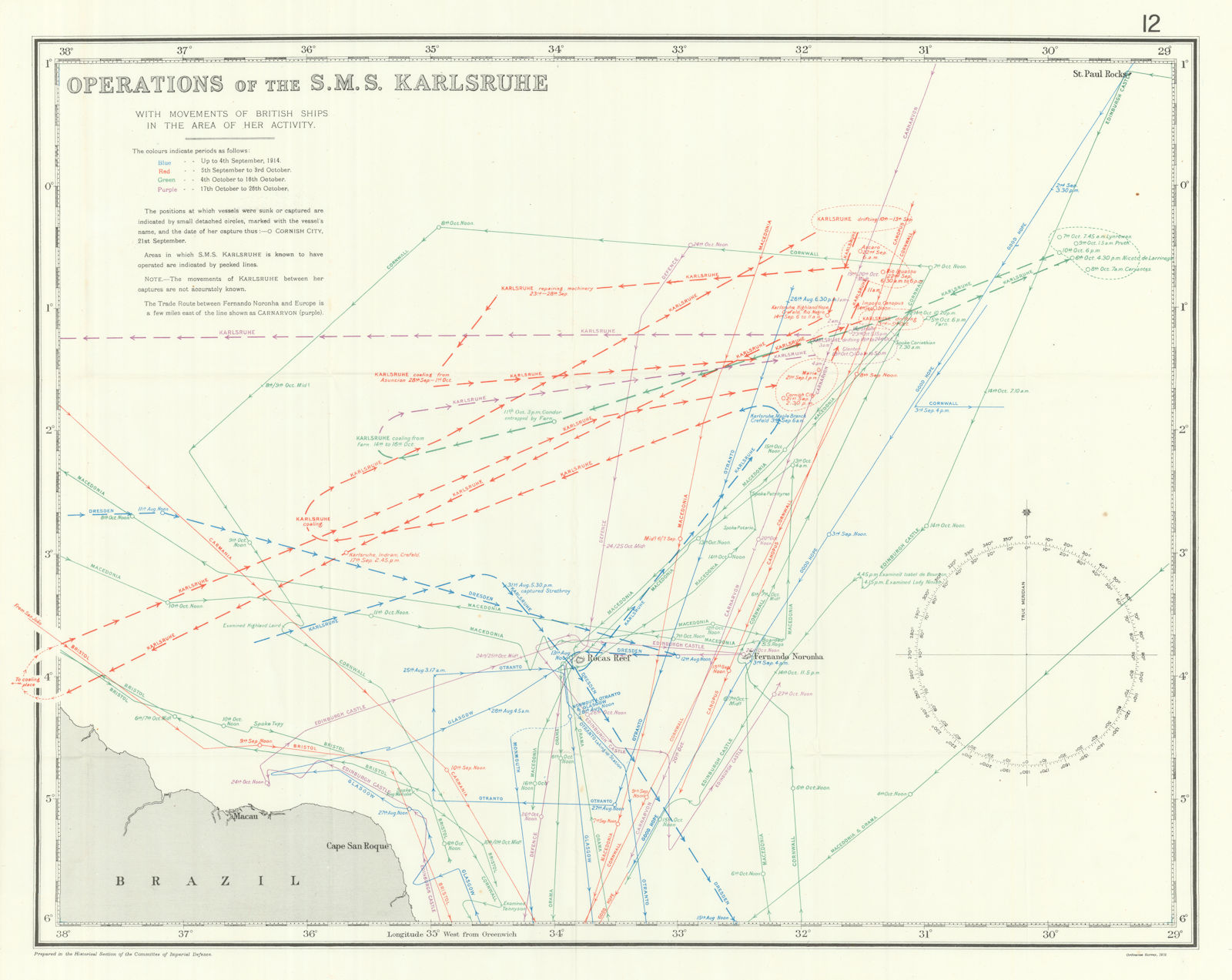 Associate Product SMS Karlsruhe operations 1914. British movements. First World War. 1920 map