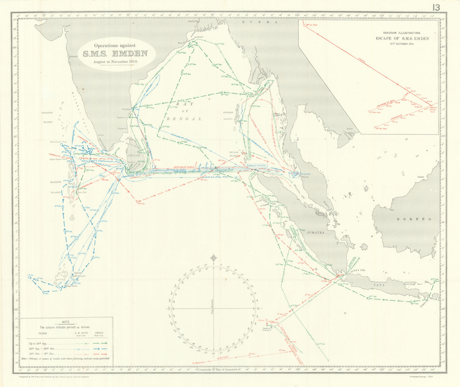 Pursuit of SMS Emden August-Nov 1914. Indian Ocean. First World War. 1920 map
