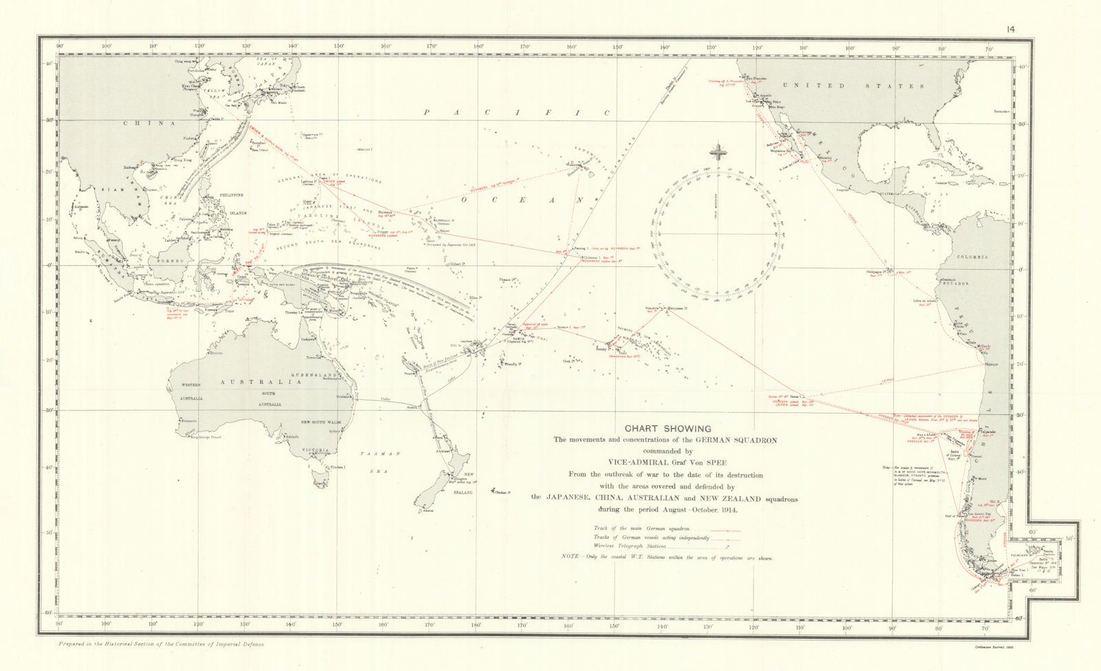 German East Asia Squadron Pacific movements 1914. Von Spee. WW1. 1920 old map