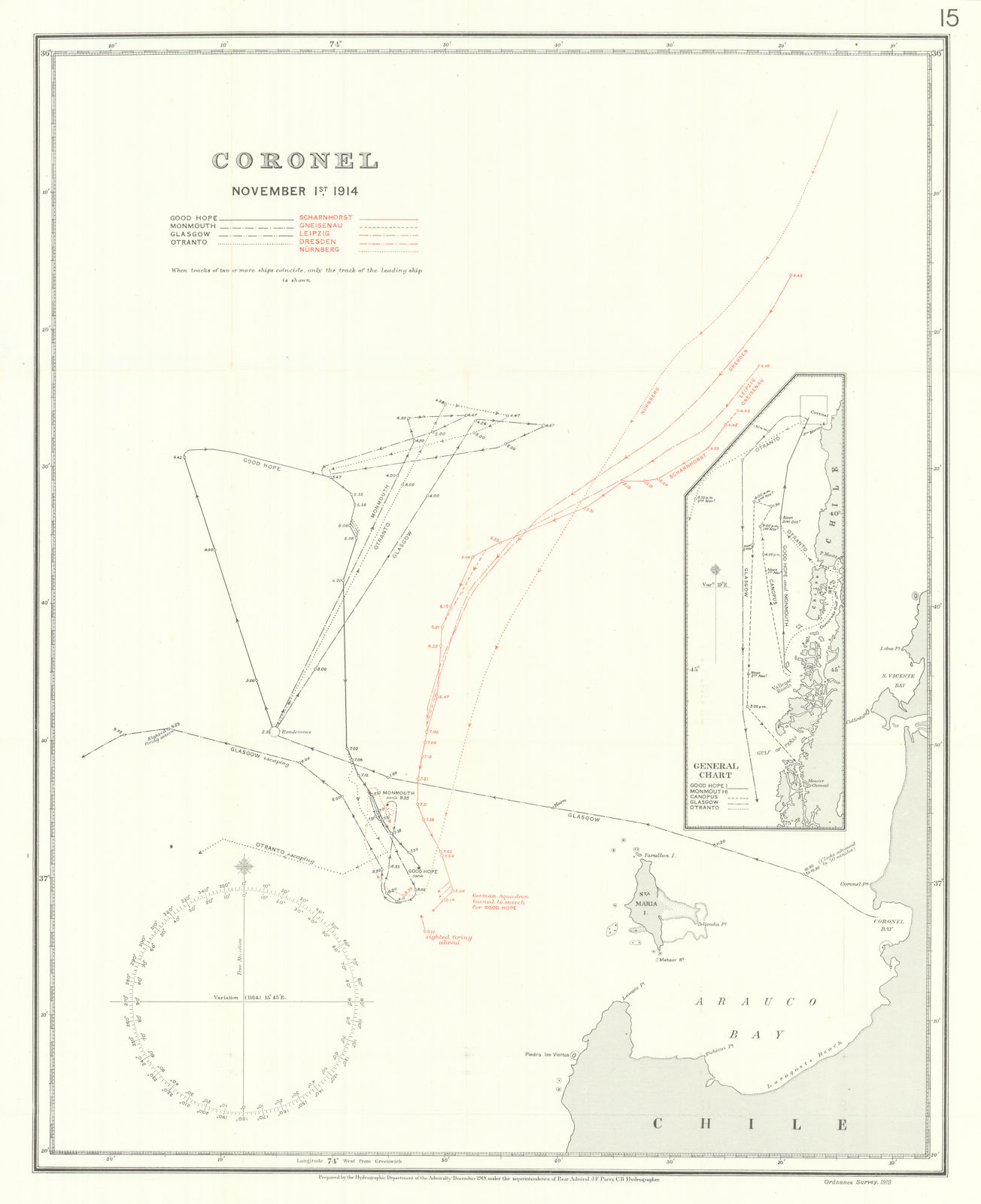 Battle of Coronel, November 1st 1914. First World War. 1920 old antique map