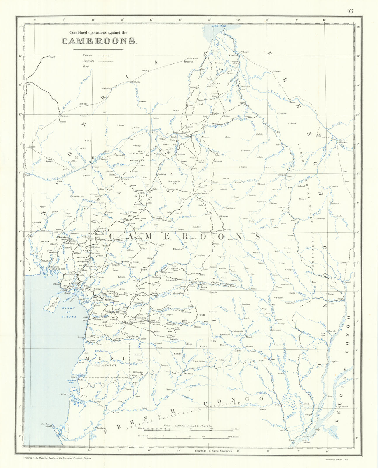 Cameroon operations. Kamerun Campaign. 1914. First World War. 1920 old map