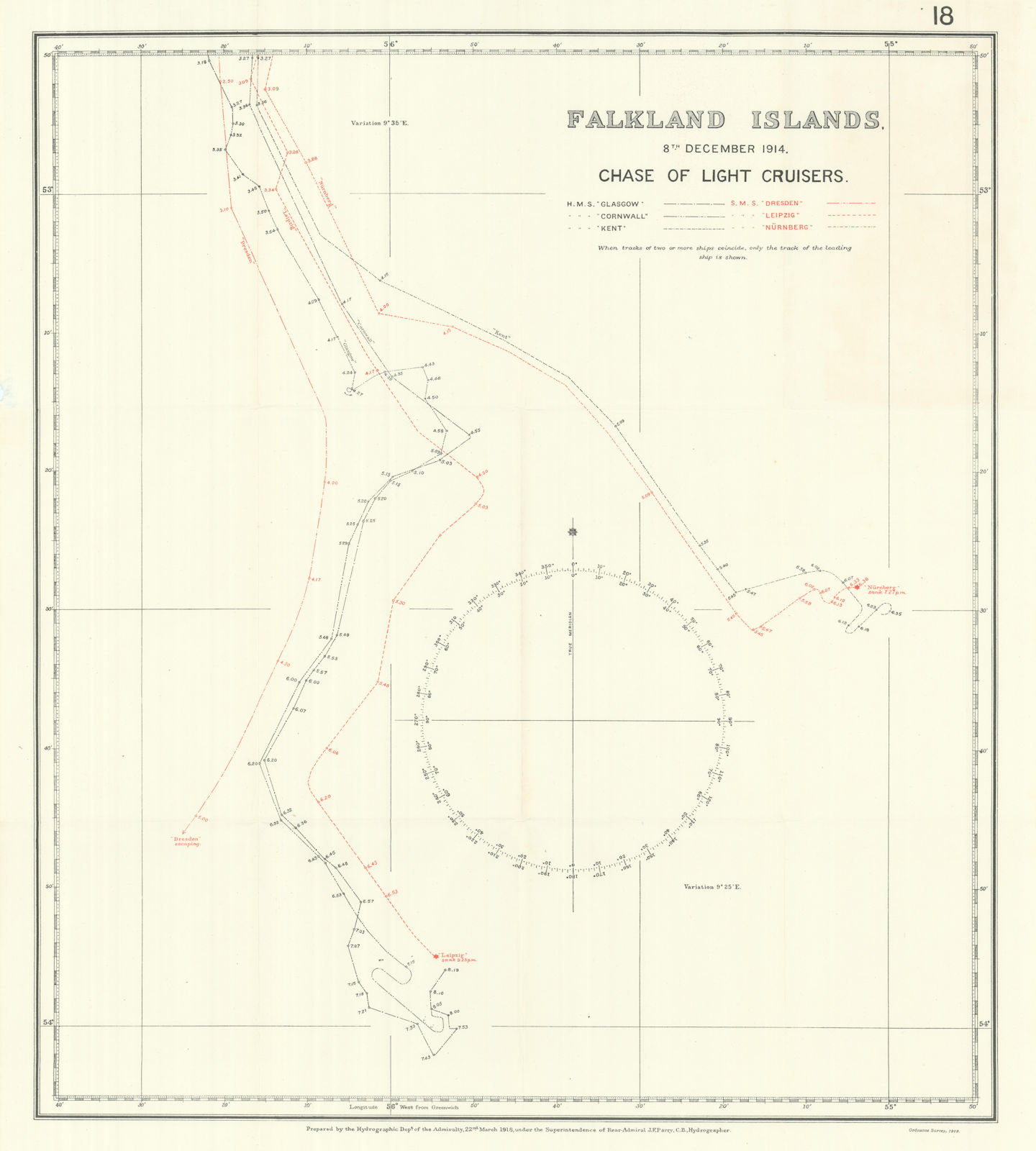 Battle of the Falkland Islands 8th December 1914. Light Cruisers chase 1920 map