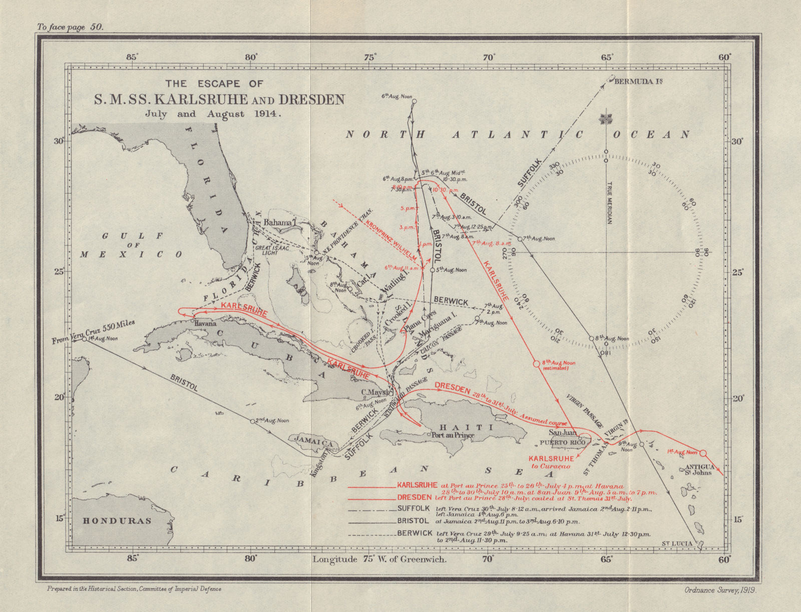 Escape of SMSS Karlsruhe & Dresden July-August 1914. Caribbean WW1. 1920 map