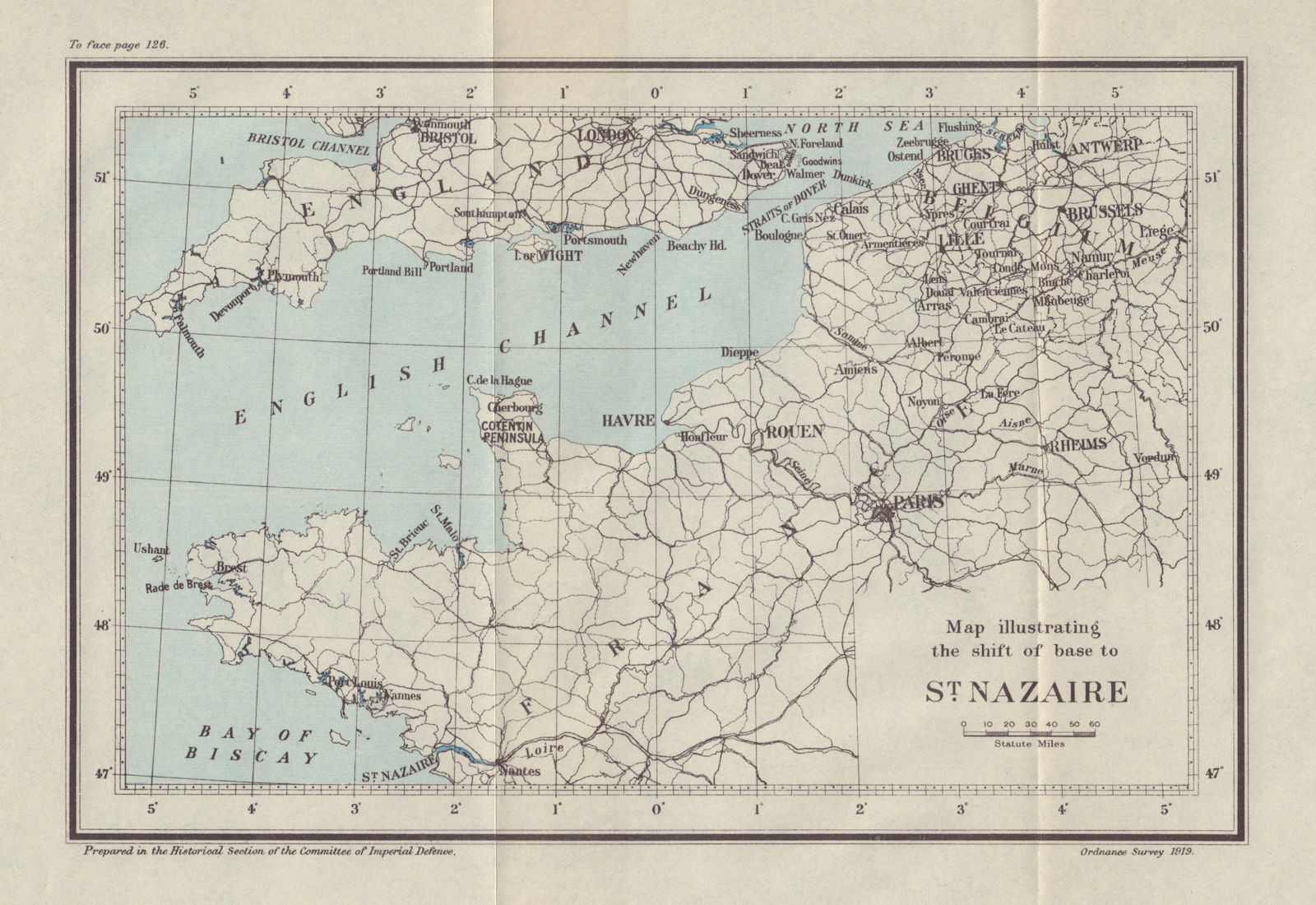 Associate Product Map illustrating the shift of base to St Nazaire 1914. First World War. 1920