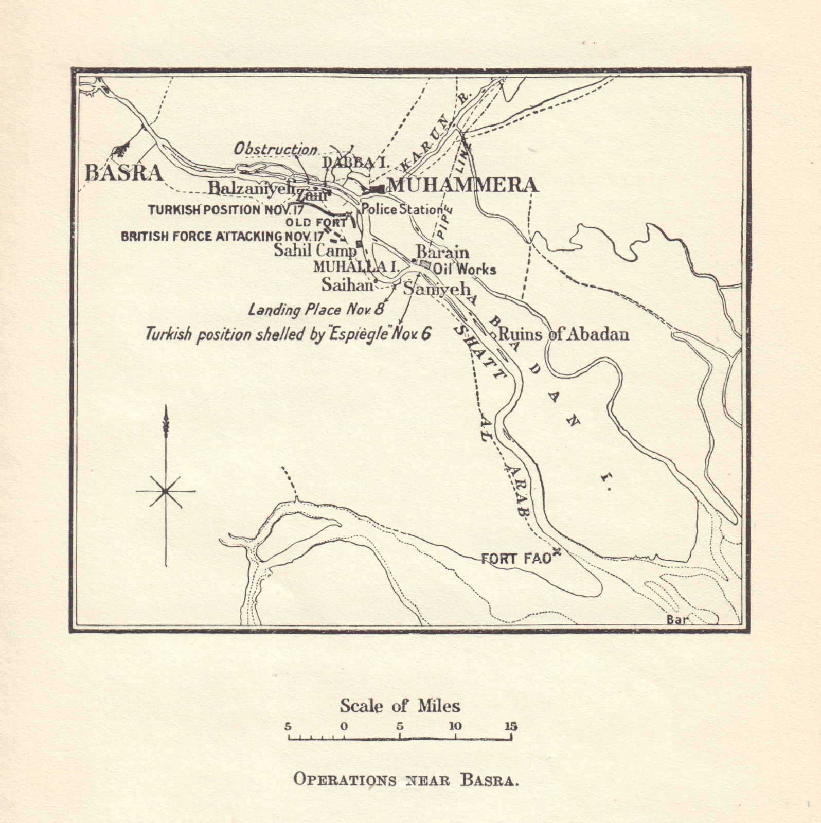 Operations near Basra. Mesopotamian Campaign, Iraq 1914. WW1. 1920 old map