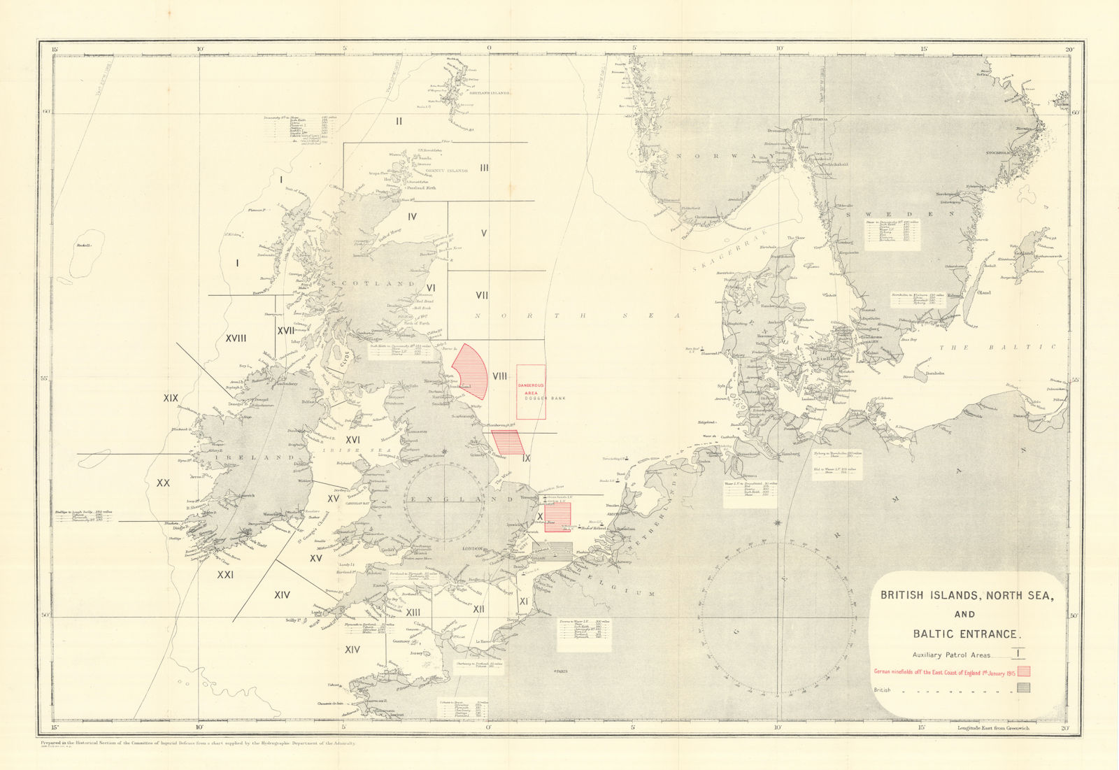 British Islands, North Sea & Baltic Entrance 1914. Minefields. WW1. 1921 map