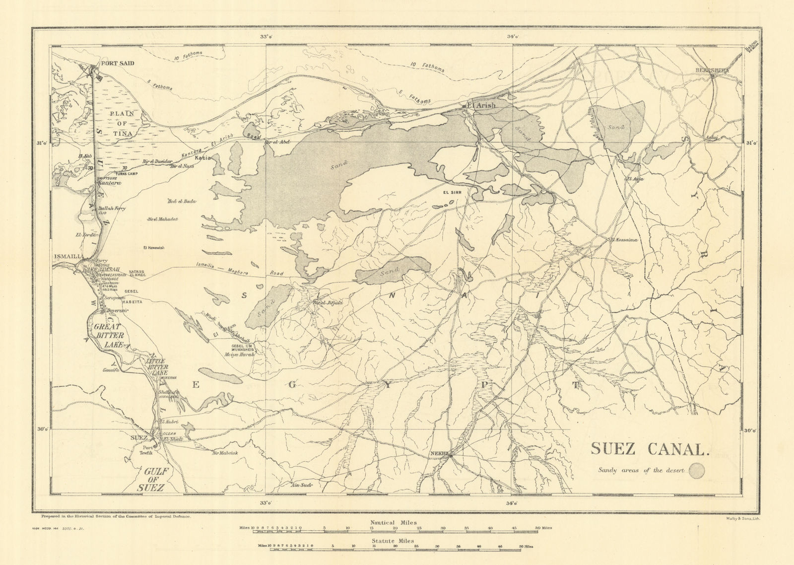 Suez Canal 1915. First World War. 1921 old antique vintage map plan chart