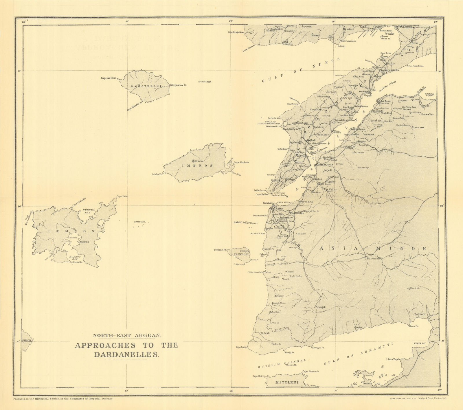 Dardanelles approaches. Strait of Gallipoli 1915. Lemnos. WW1. 1921 old map