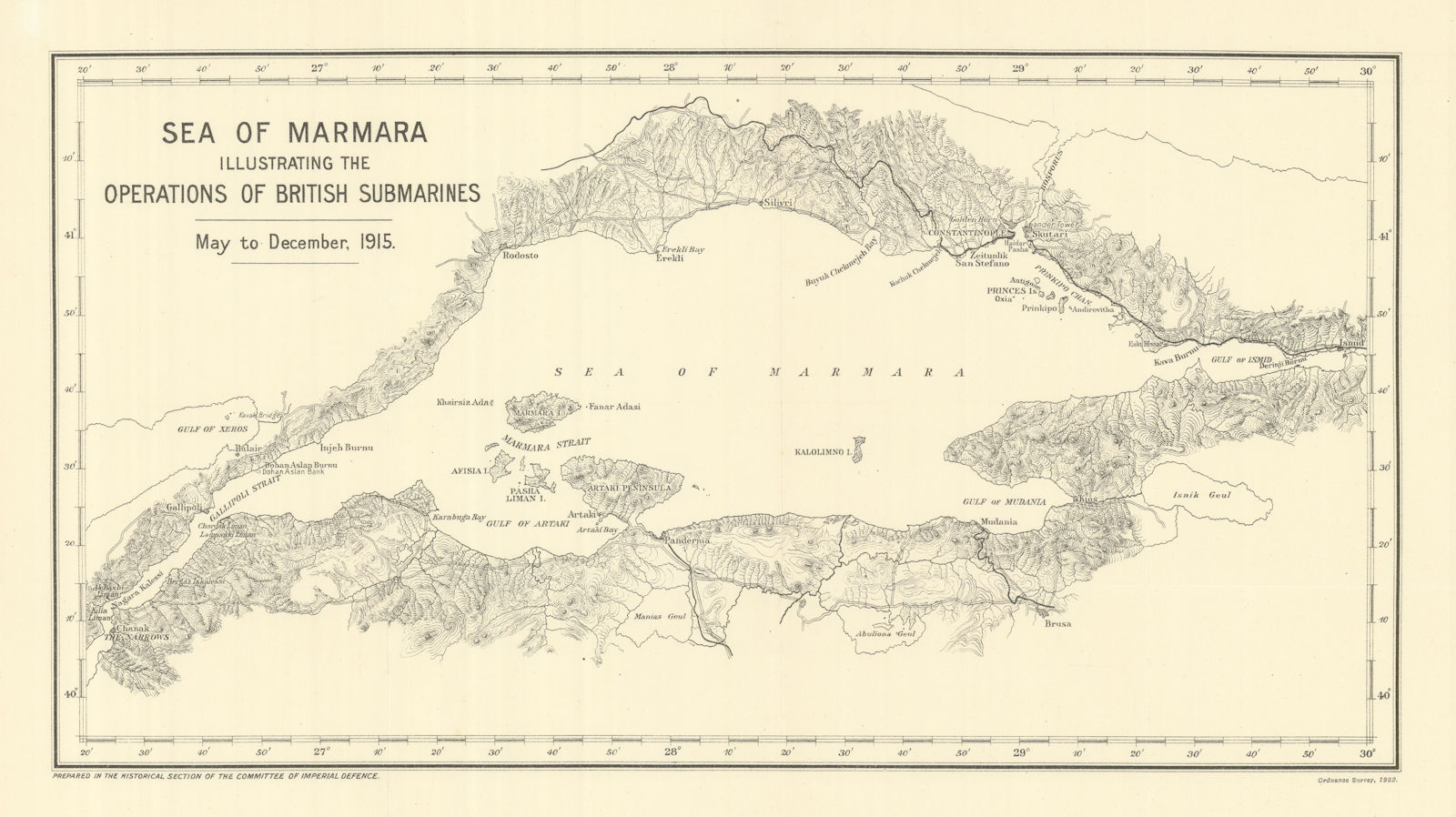 Associate Product Sea of Marmara. British Submarine operations 1915. Gallipoli Campaign 1923 map