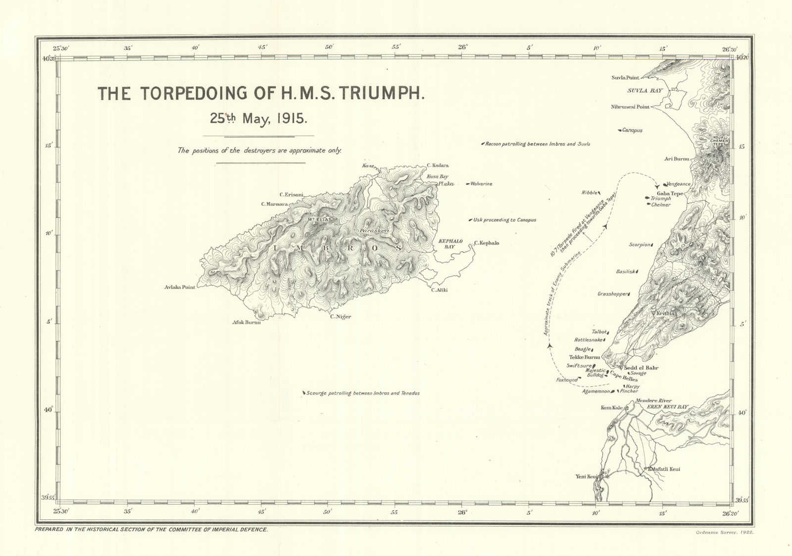HMS Triumph torpedoing. 25th May, 1915. Gallipoli Campaign. Gokceada 1923 map