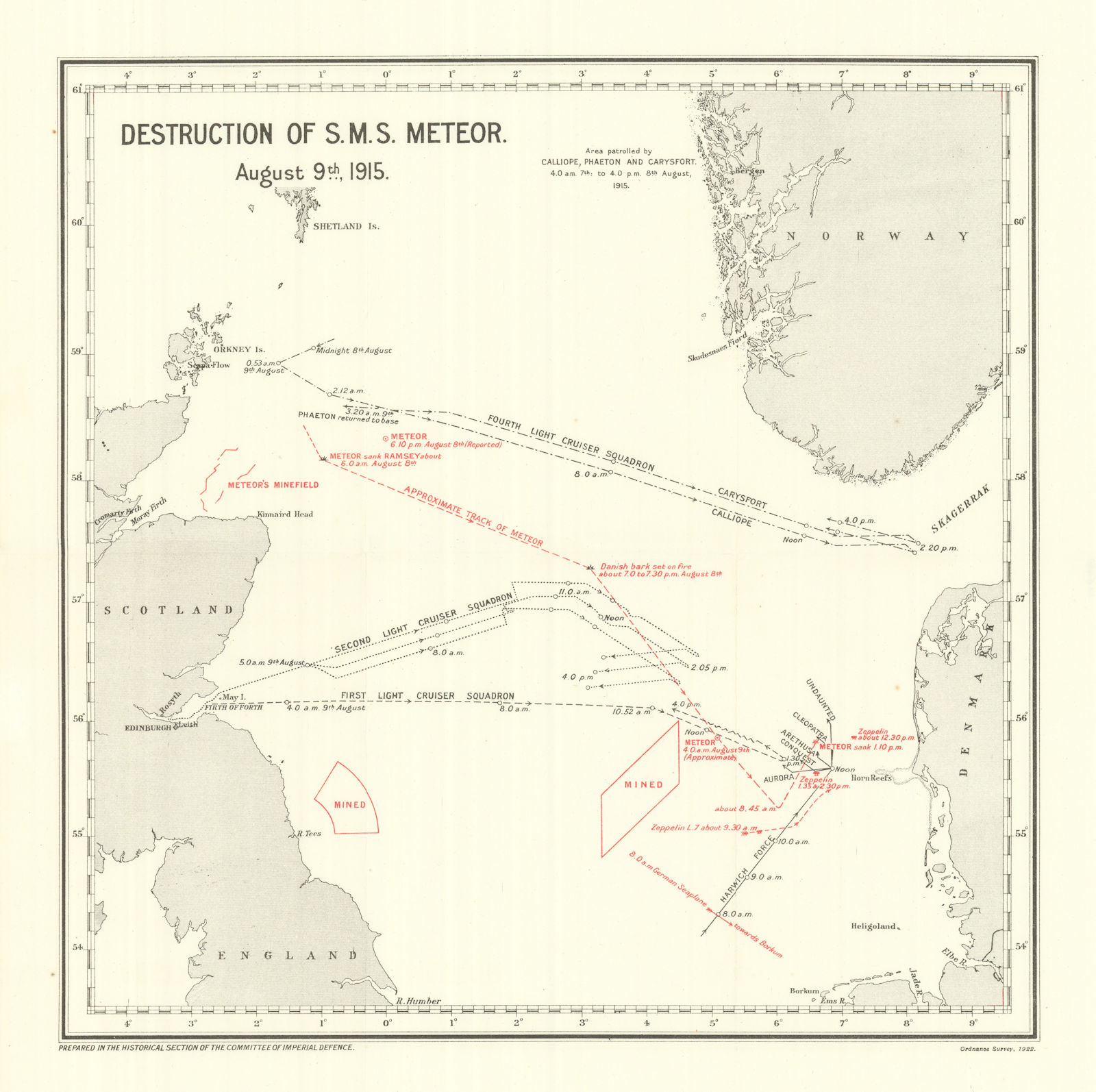 Associate Product Destruction of S.M.S. Meteor August 9th 1915. Blockade of Germany. WW1. 1923 map