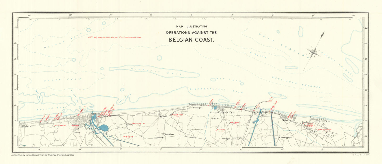 Associate Product Operations against the Belgian Coast 1915. Batteries. First World War. 1923 map