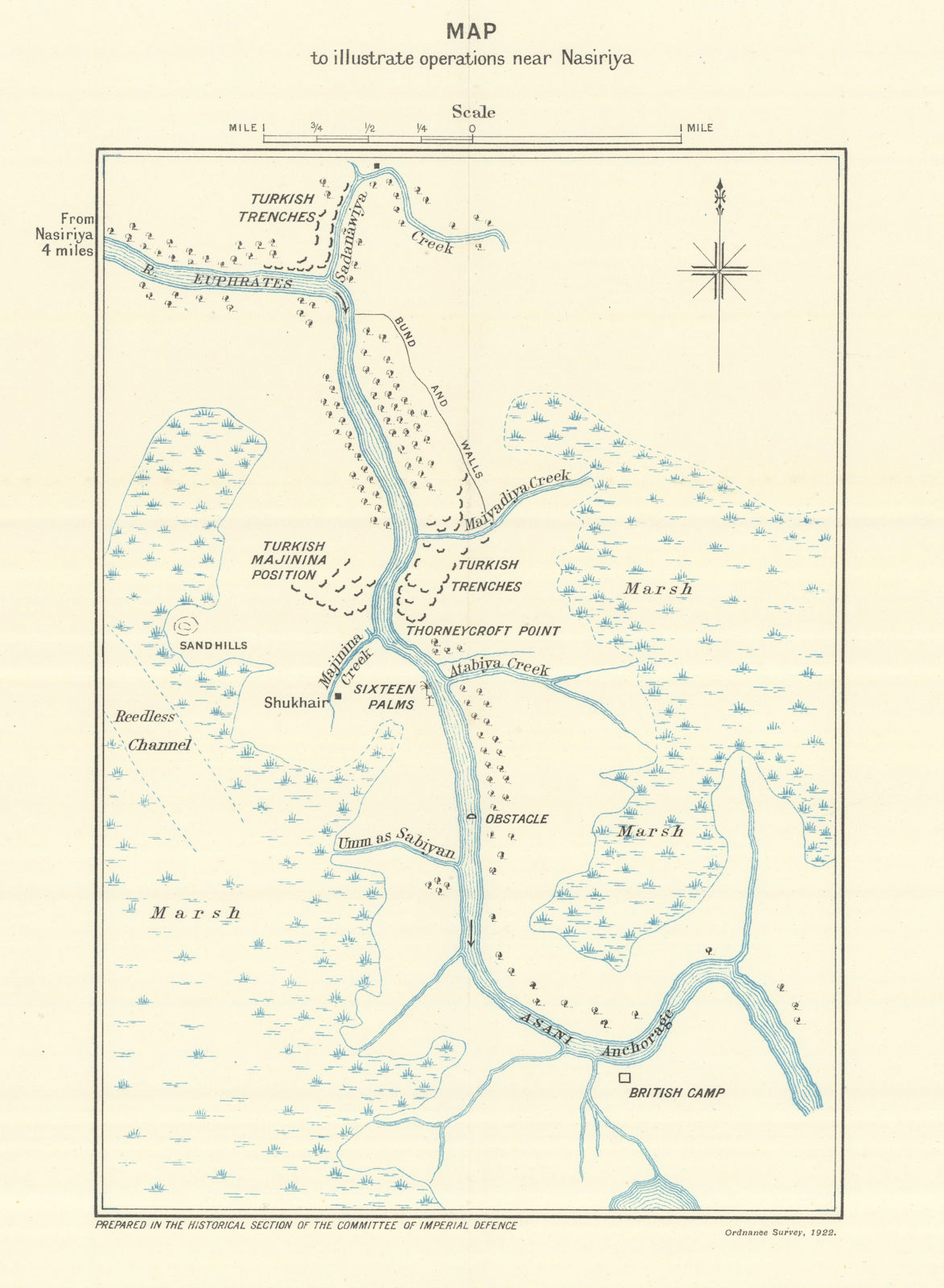 Battle of Nasiriyah, July 1915. Mesopotamian Campaign. First World War. 1923 map