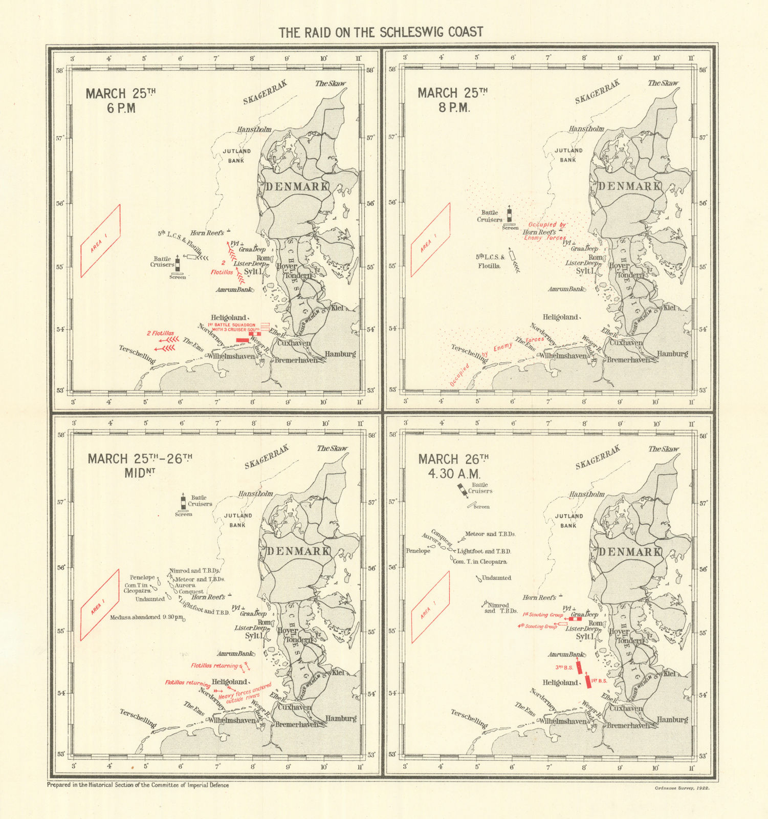 Schleswig Raid March 1916. First World War. 1923 old antique map plan chart