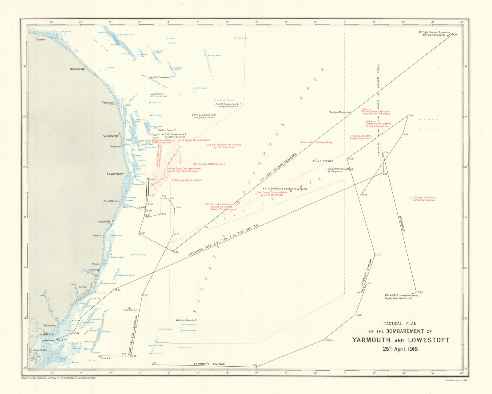Associate Product Bombardment of Yarmouth & Lowestoft. 25th April, 1916. Tactical plan 1923 map