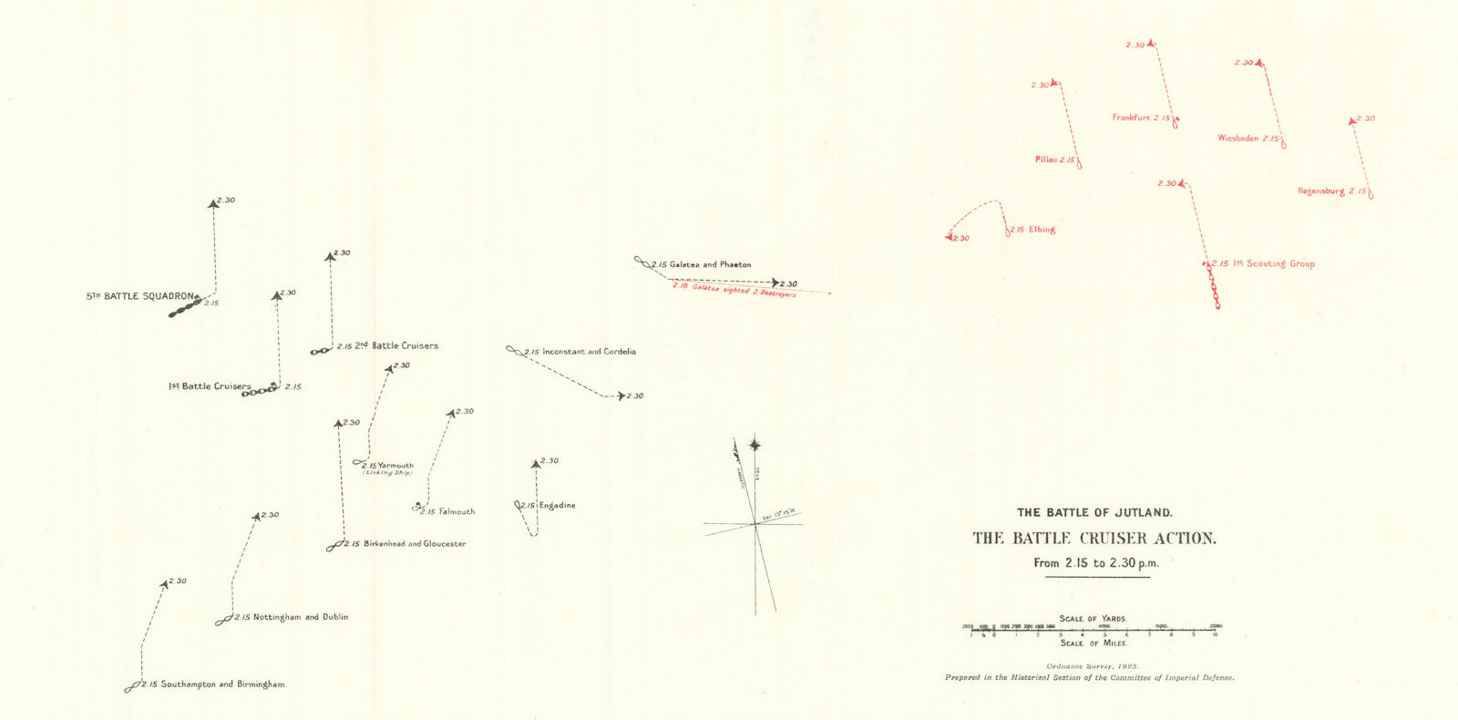 Battle of Jutland. Battle Cruiser Action 2.15-2.30 pm 31 May 1916. WW1. 1923 map