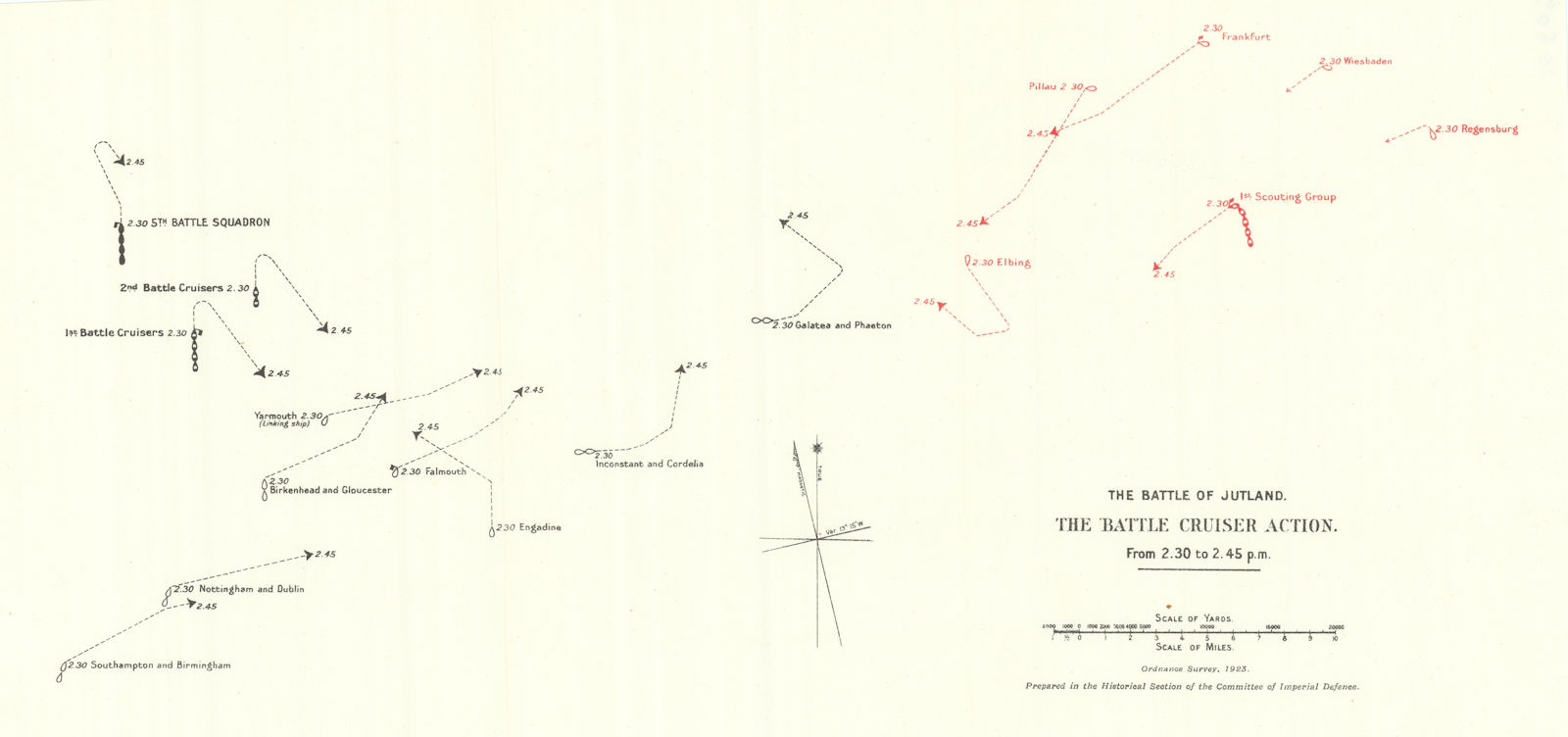 Associate Product Battle of Jutland. Battle Cruiser Action 2.30-2.45 pm 31 May 1916. WW1. 1923 map