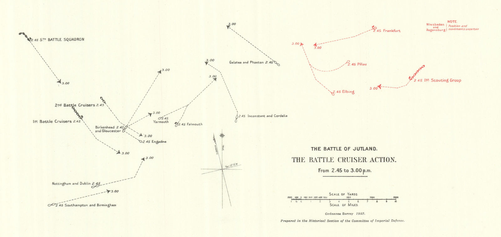Battle of Jutland. Battle Cruiser Action 2.45-3.00 pm 31 May 1916. WW1. 1923 map