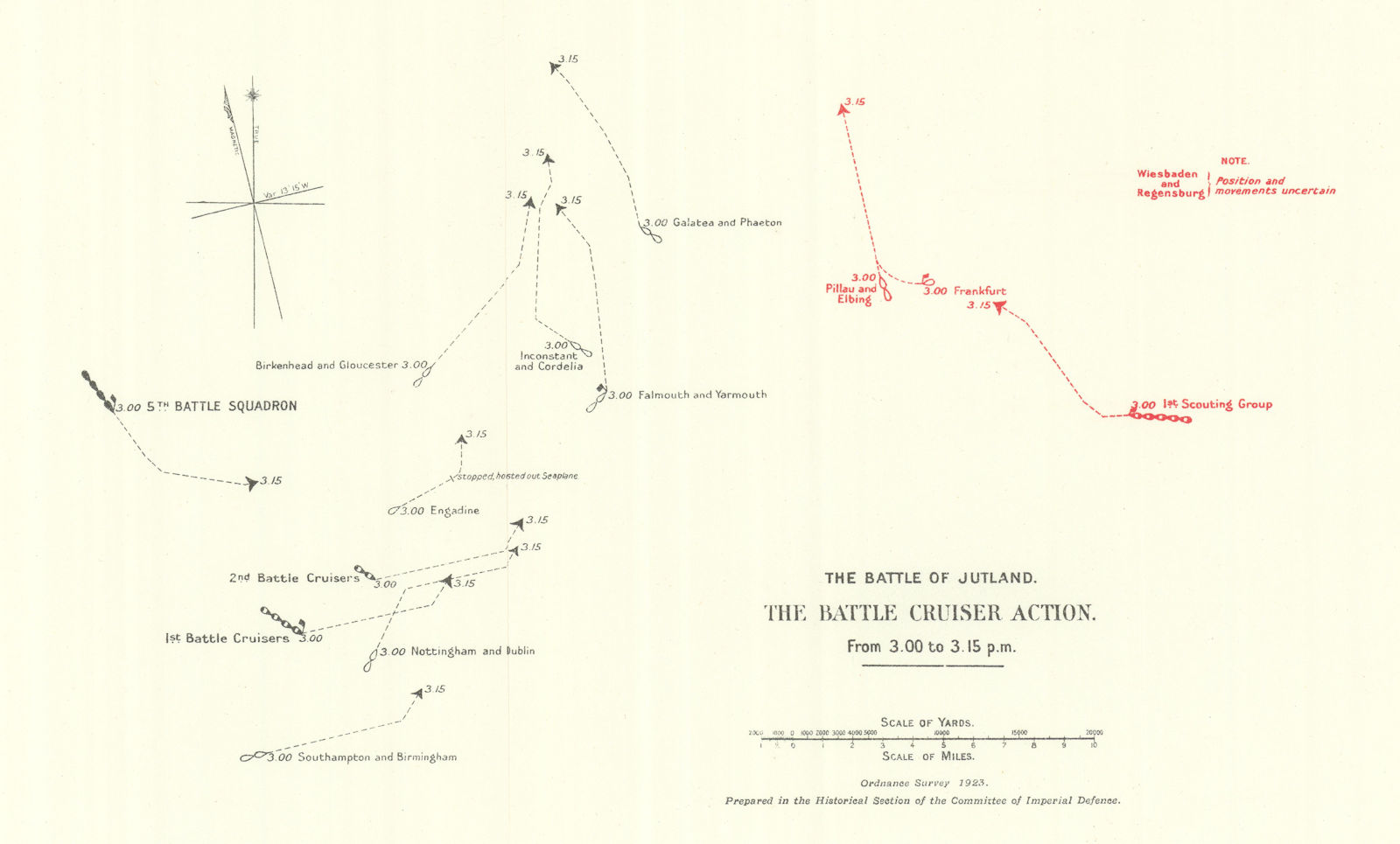 Battle of Jutland. Battle Cruiser Action 3.00-3.15 pm 31 May 1916. WW1. 1923 map