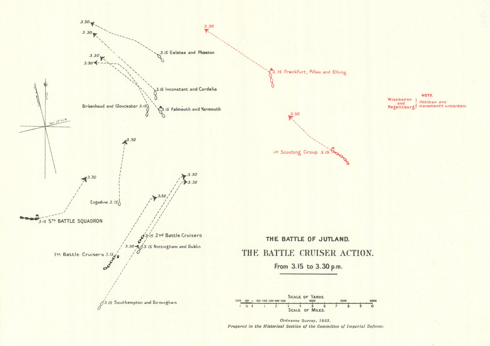 Associate Product Battle of Jutland. Battle Cruiser Action 3.15-3.30 pm 31 May 1916. WW1. 1923 map