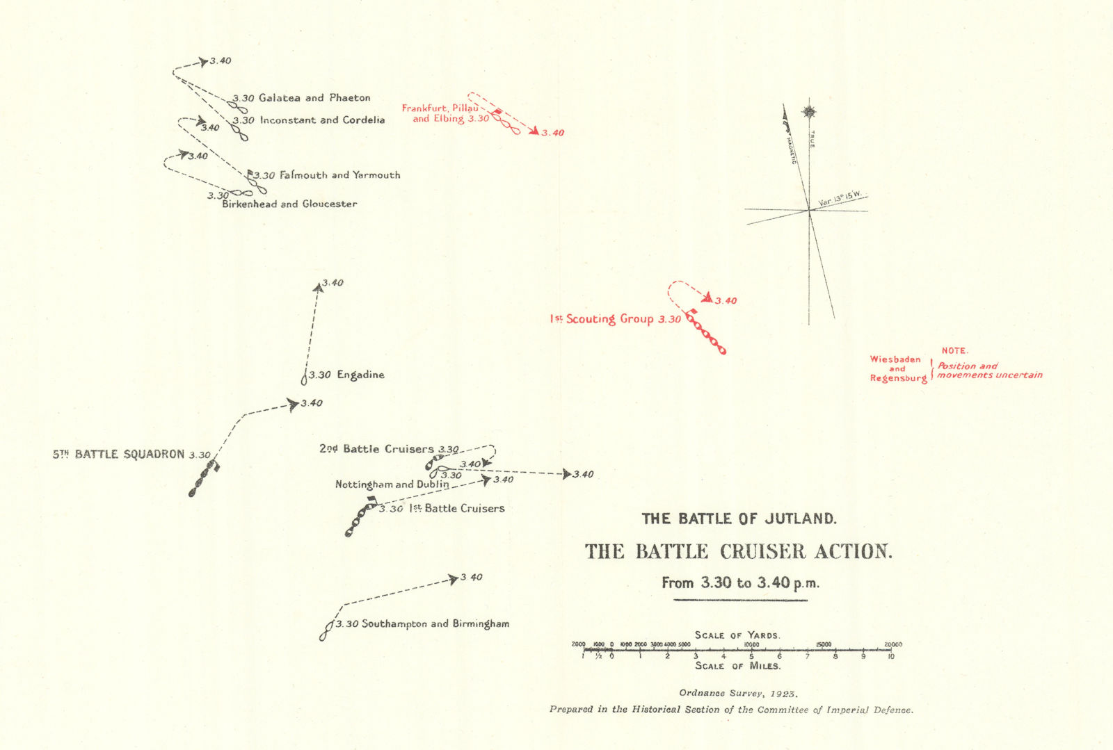 Battle of Jutland. Battle Cruiser Action 3.30-3.40 pm 31 May 1916. WW1. 1923 map