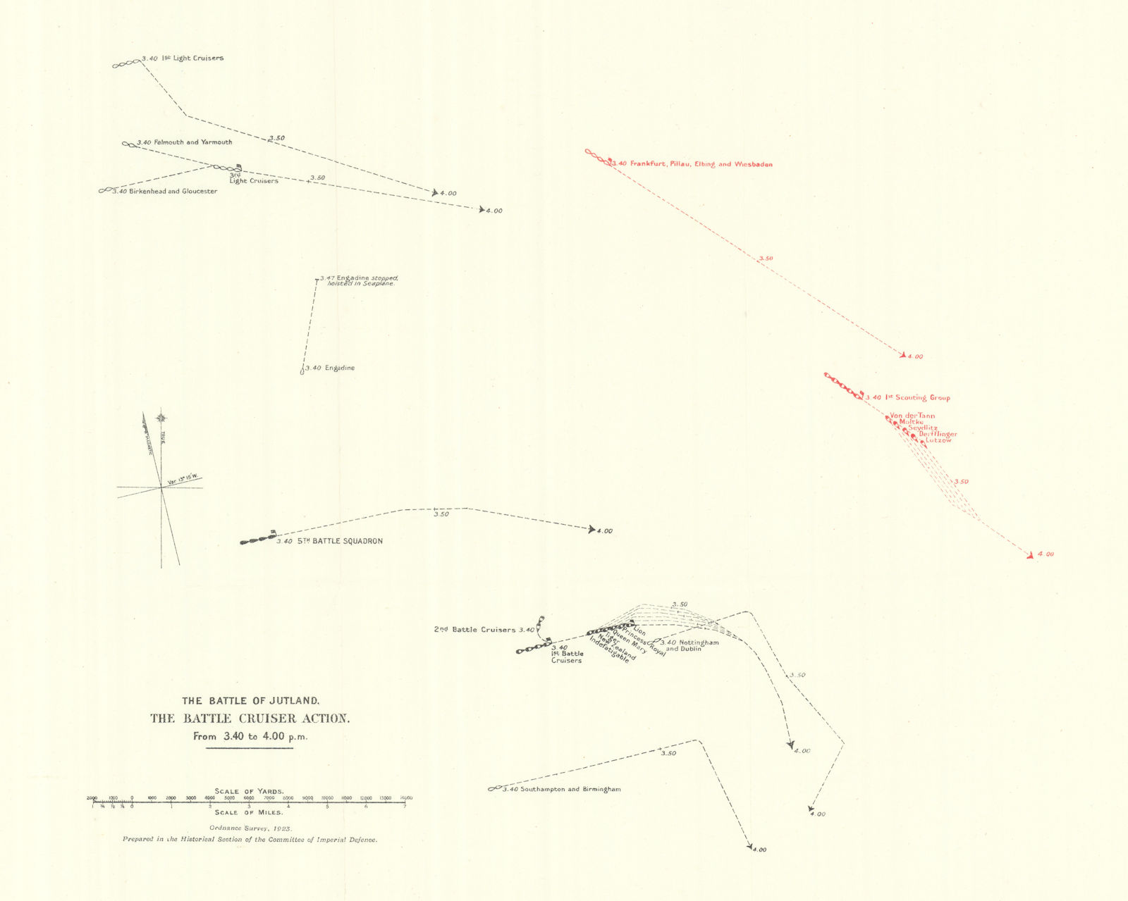 Battle of Jutland. Battle Cruiser Action 3.40-4.00 pm 31 May 1916. WW1. 1923 map