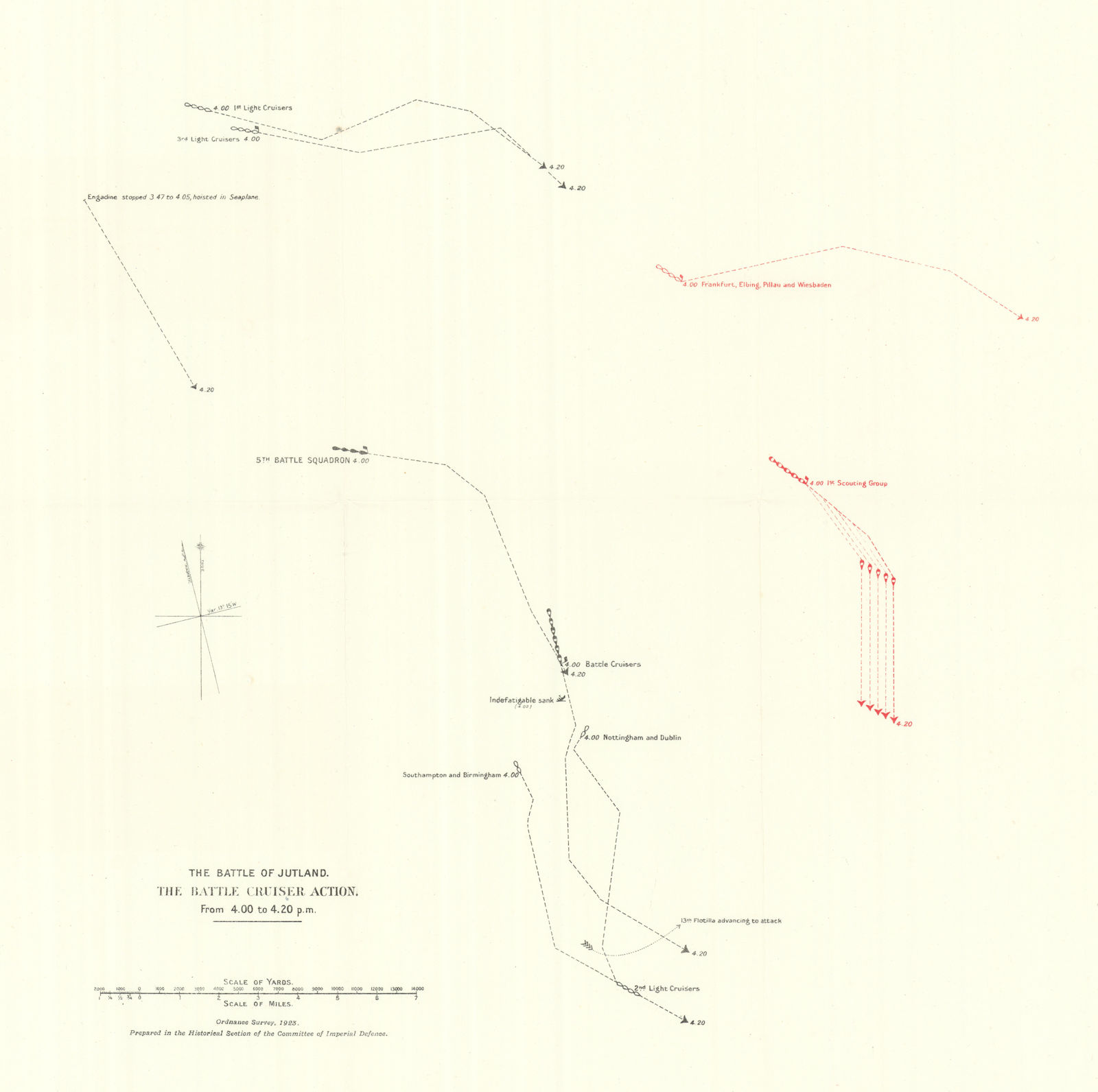 Battle of Jutland. Battle Cruiser Action 4.00-4.20 pm 31 May 1916. WW1. 1923 map