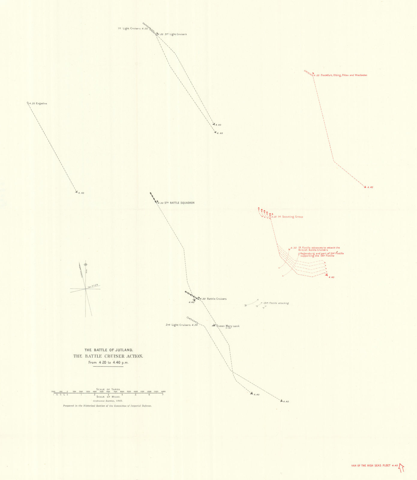 Battle of Jutland. Battle Cruiser Action 4.20-4.40 pm 31 May 1916. WW1. 1923 map