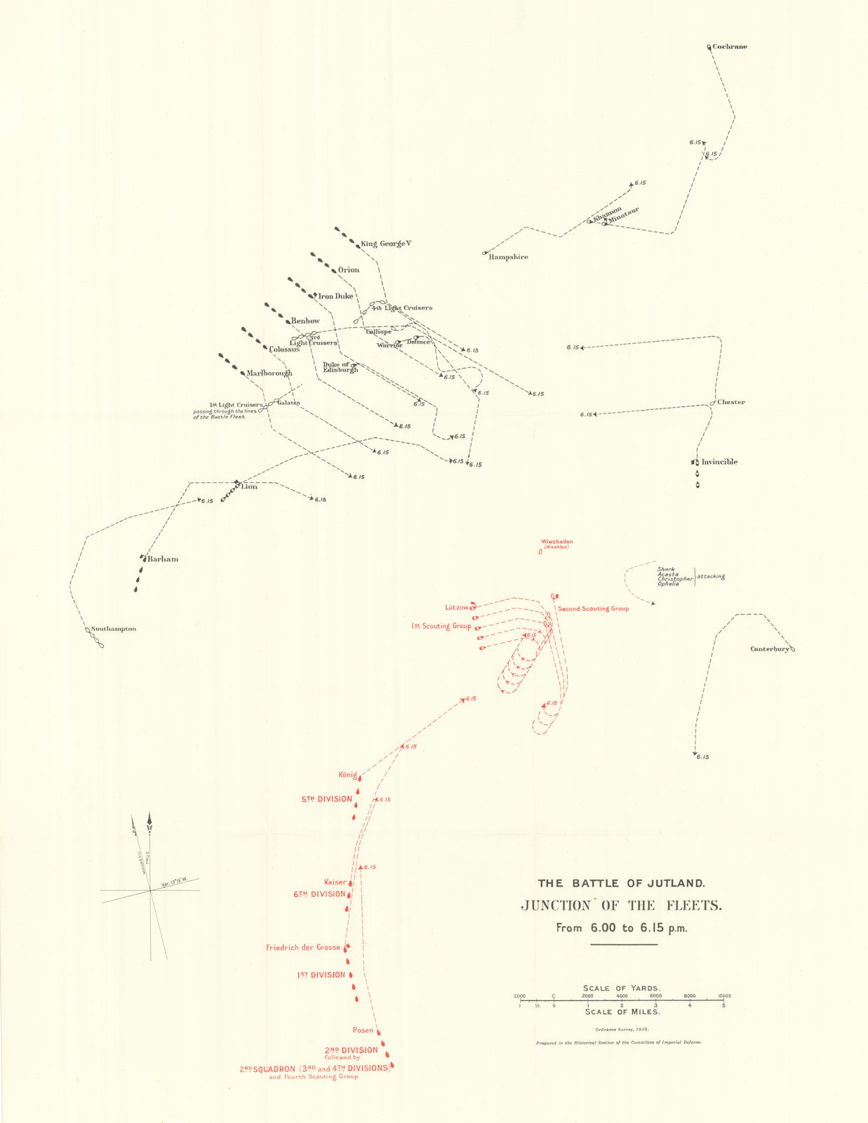 Battle of Jutland. Junction of Fleets. 6.00-6.15 pm 31 May 1916. WW1. 1923 map
