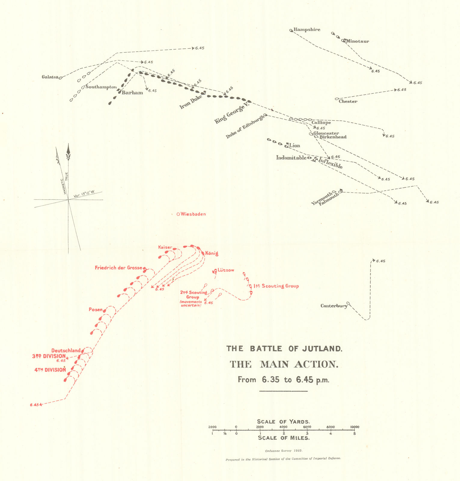Associate Product Battle of Jutland. Main Action. 6.35-6.45 pm 31 May 1916. WW1. 1923 old map