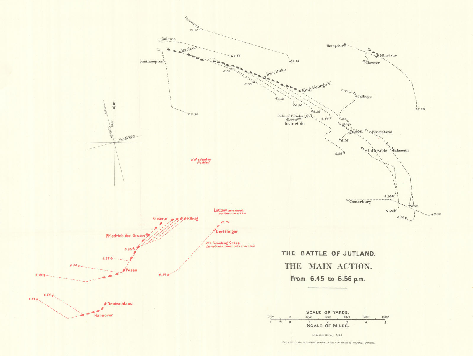 Associate Product Battle of Jutland. Main Action. 6.45-6.56 pm 31 May 1916. WW1. 1923 old map