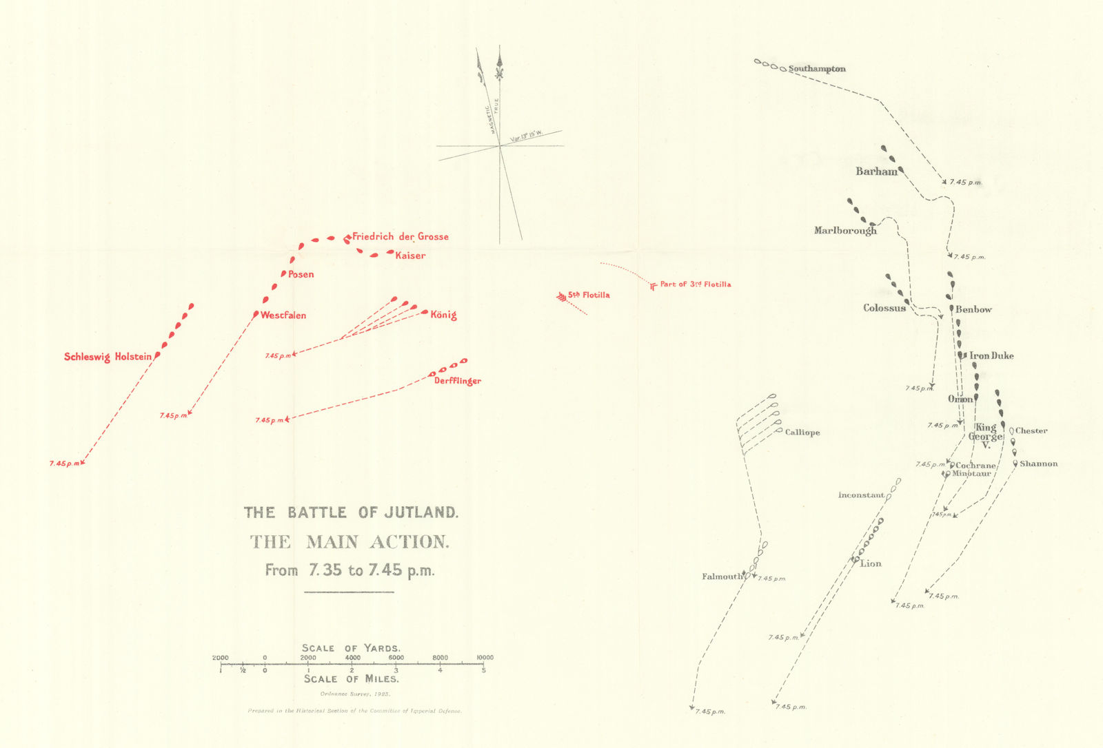 Battle of Jutland. Main Action. 7.35-7.45 pm 31 May 1916. WW1. 1923 old map