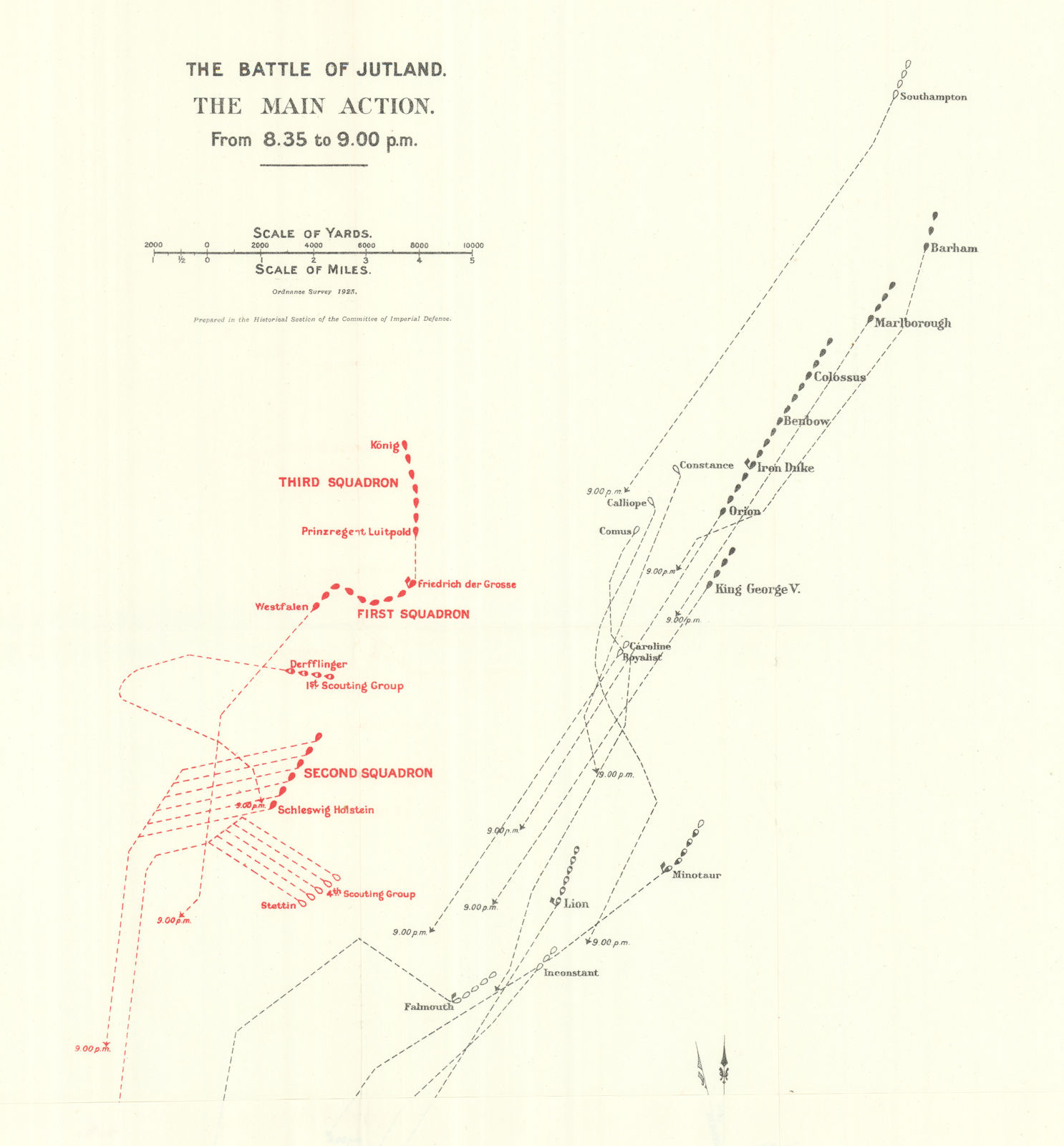 Battle of Jutland. Main Action. 8.35-9.00 pm 31 May 1916. WW1. 1923 old map