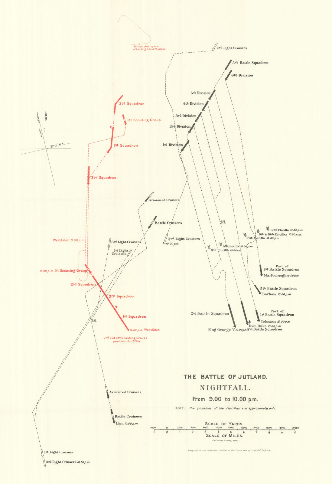 Associate Product Battle of Jutland. Nightfall. 9.00-10.00 pm 31 May 1916. WW1. 1923 old map