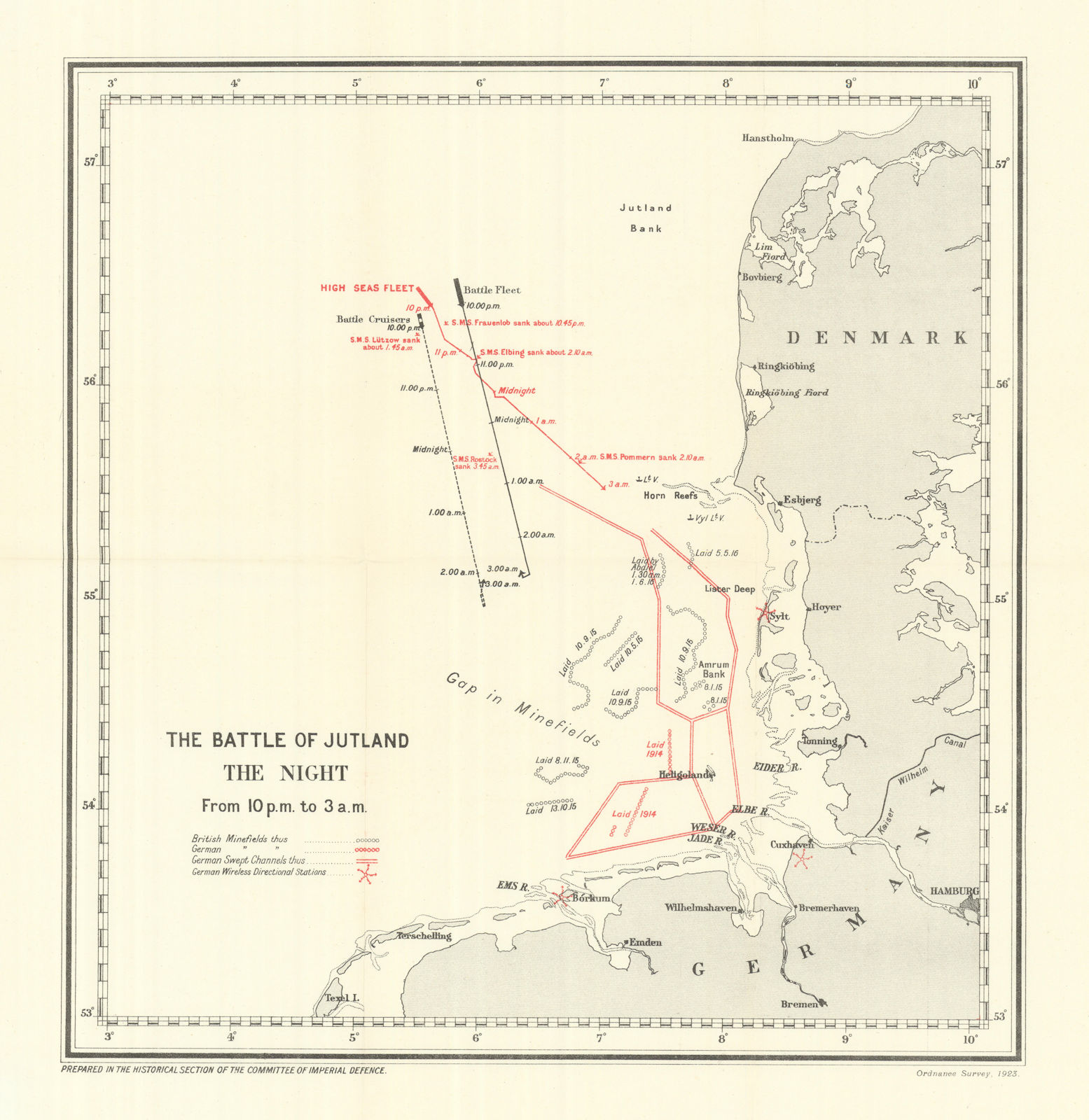 Battle of Jutland. Night. 10.00-3.00 am 31 May 1916. WW1. 1923 old antique map