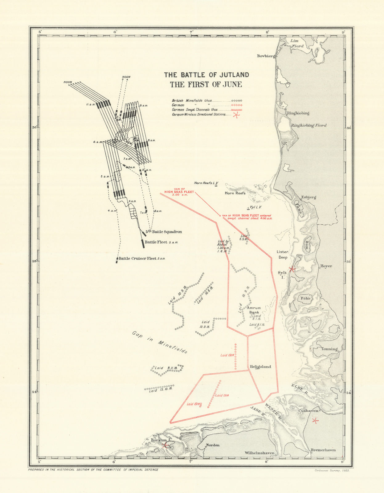 Battle of Jutland. First of June 1916. First World War. 1923 old antique map