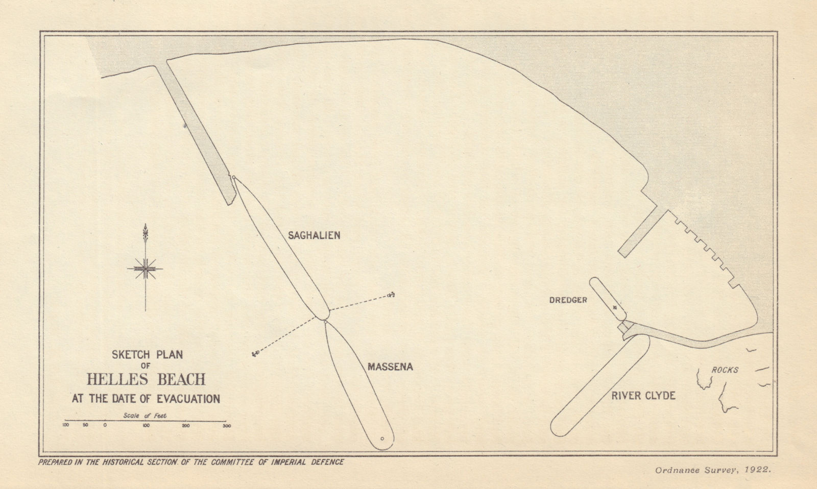 Helles Beach at evacuation, 1915-1916. Gallipoli Campaign. WW1. 1923 old map
