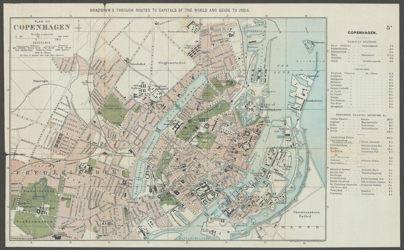 COPENHAGEN antique town plan city map. Denmark. BRADSHAW c1899 old