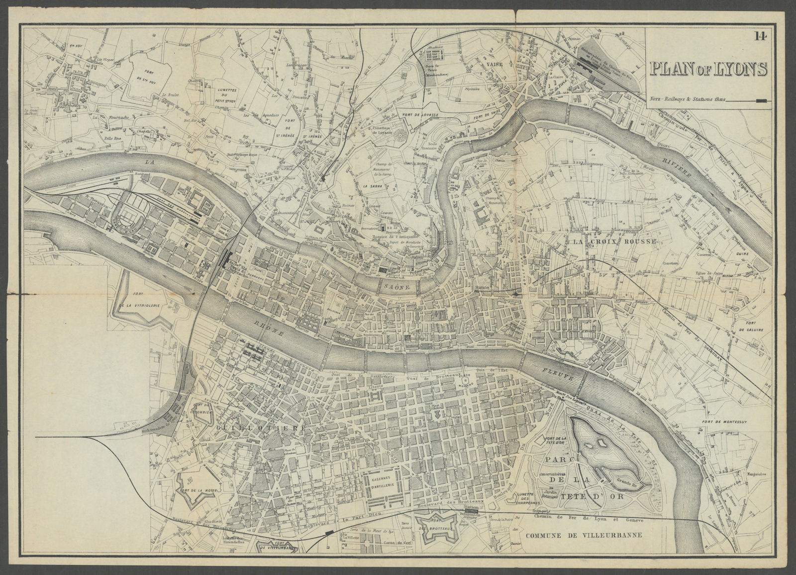LYONS LYON antique town plan city map. France. BRADSHAW c1899 old